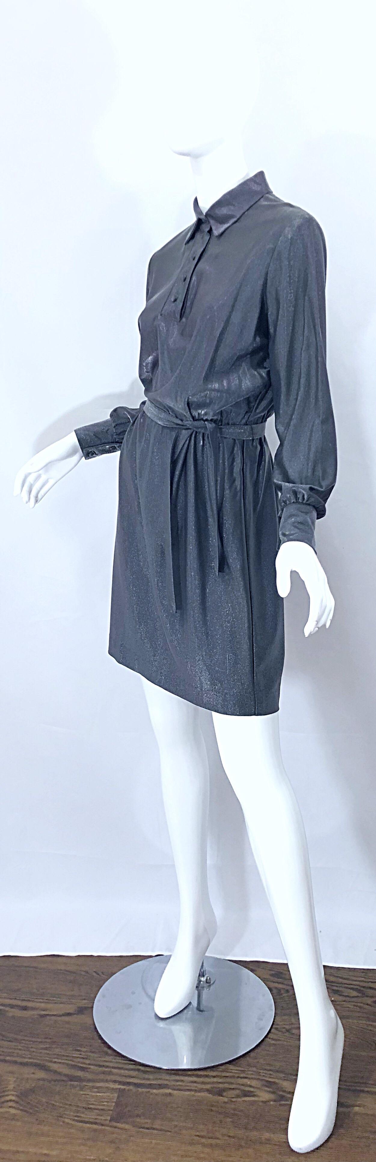 1970s Gunmetal Metallic Silver Gray Belted Vintage 70s Long Sleeve Shirt Dress For Sale 2