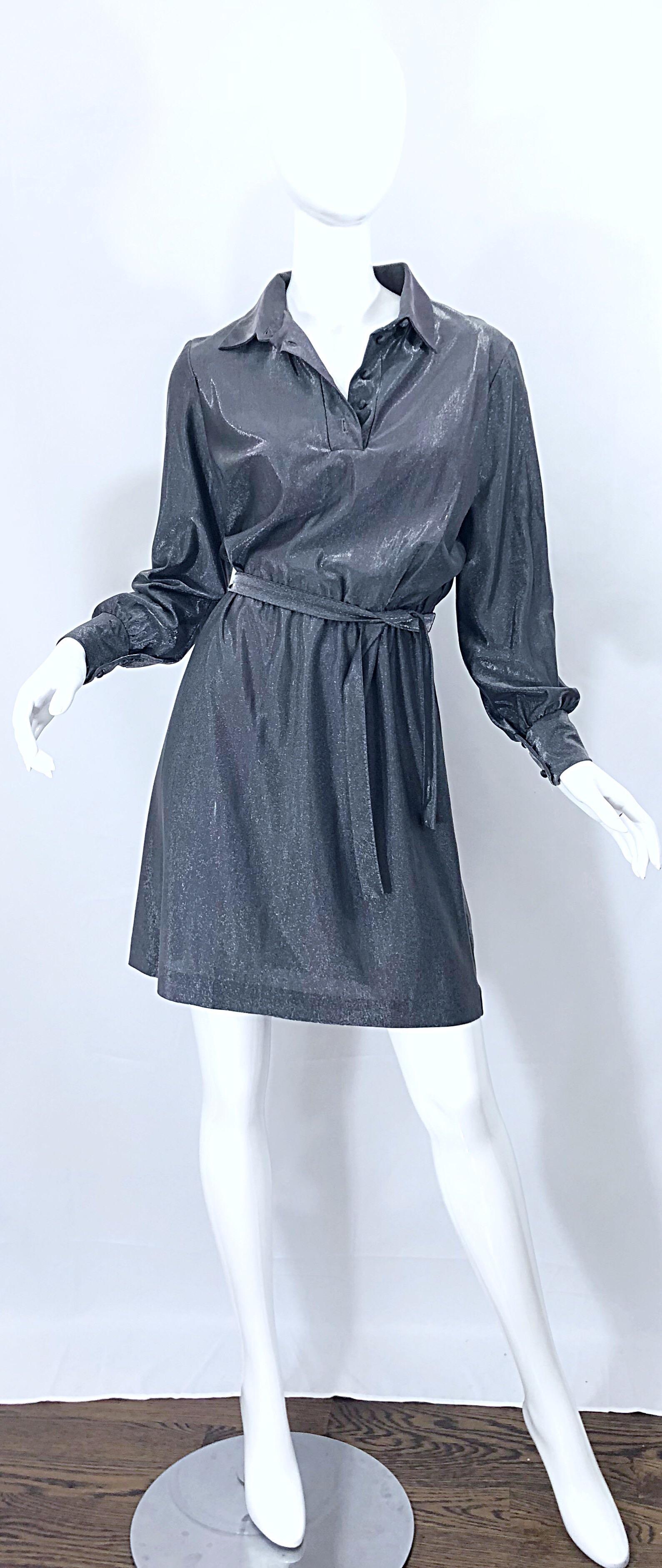 1970s Gunmetal Metallic Silver Gray Belted Vintage 70s Long Sleeve Shirt Dress For Sale 3