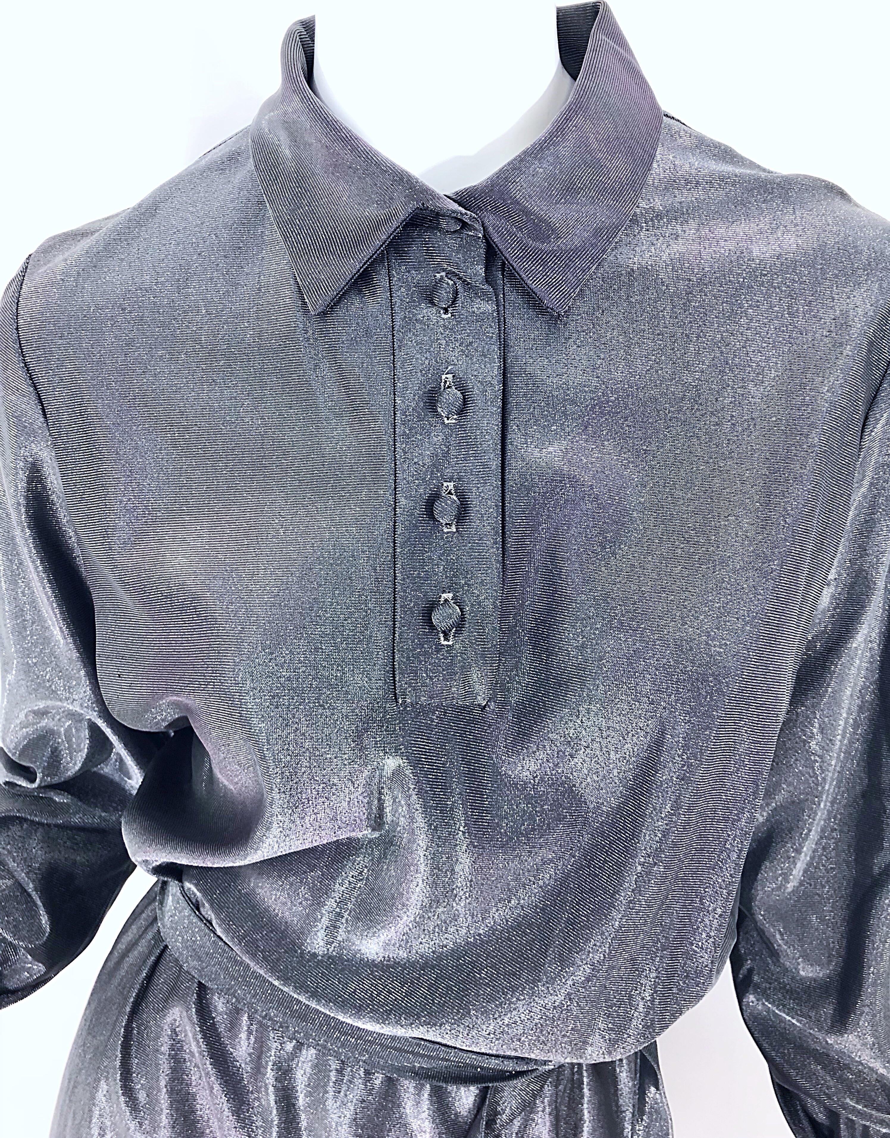 1970s Gunmetal Metallic Silver Gray Belted Vintage 70s Long Sleeve Shirt Dress For Sale 4