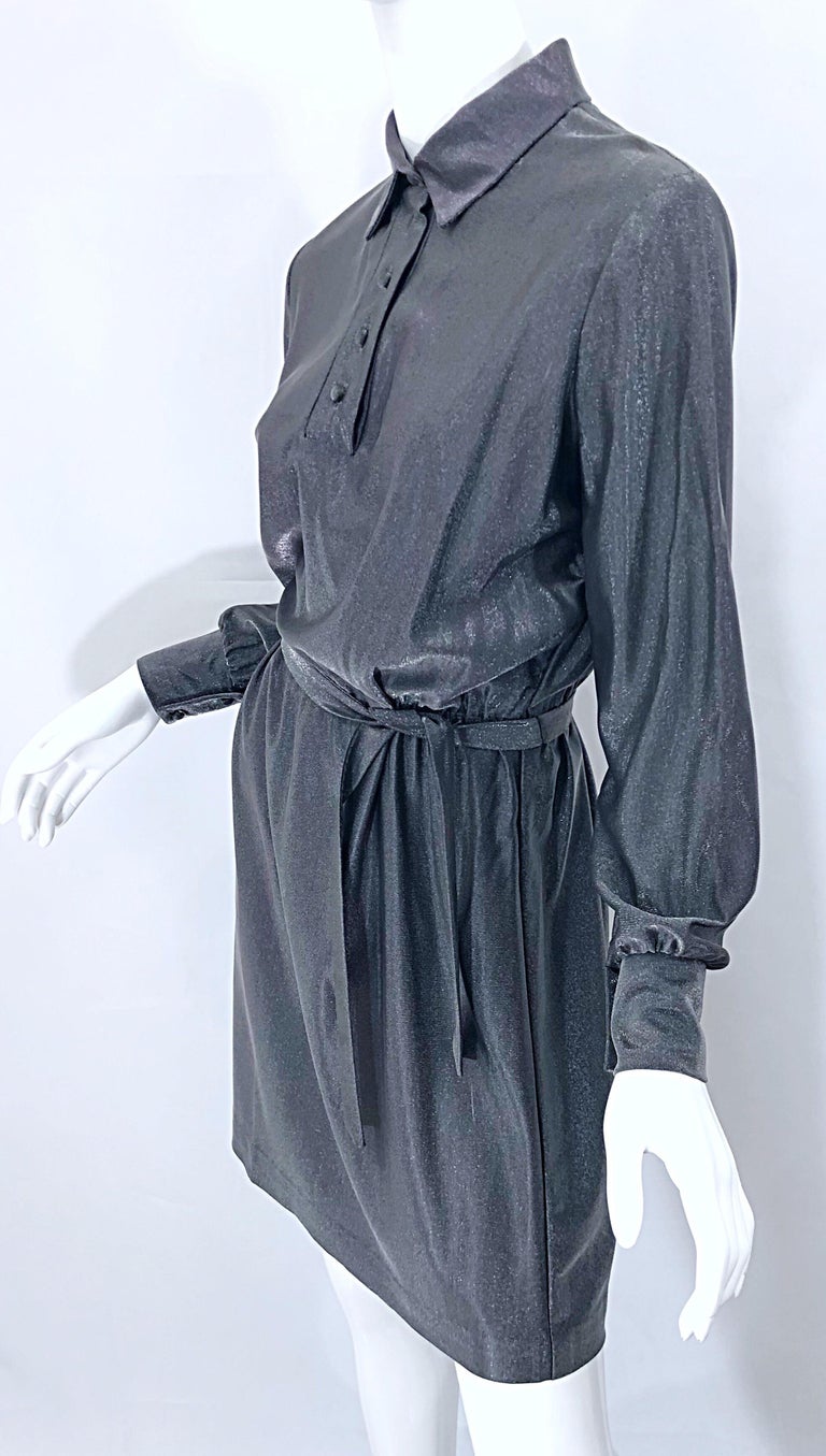 1970s Gunmetal Metallic Silver Gray Belted Vintage 70s Long Sleeve