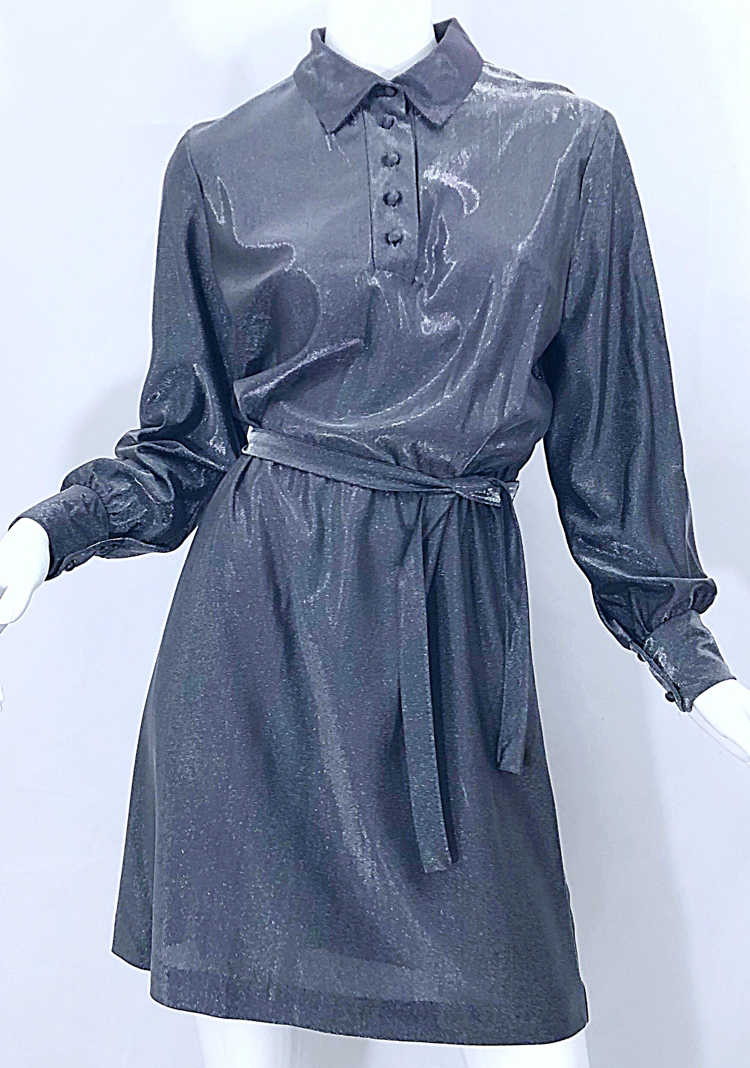 1970s Gunmetal Metallic Silver Gray Belted Vintage 70s Long Sleeve Shirt Dress For Sale 6