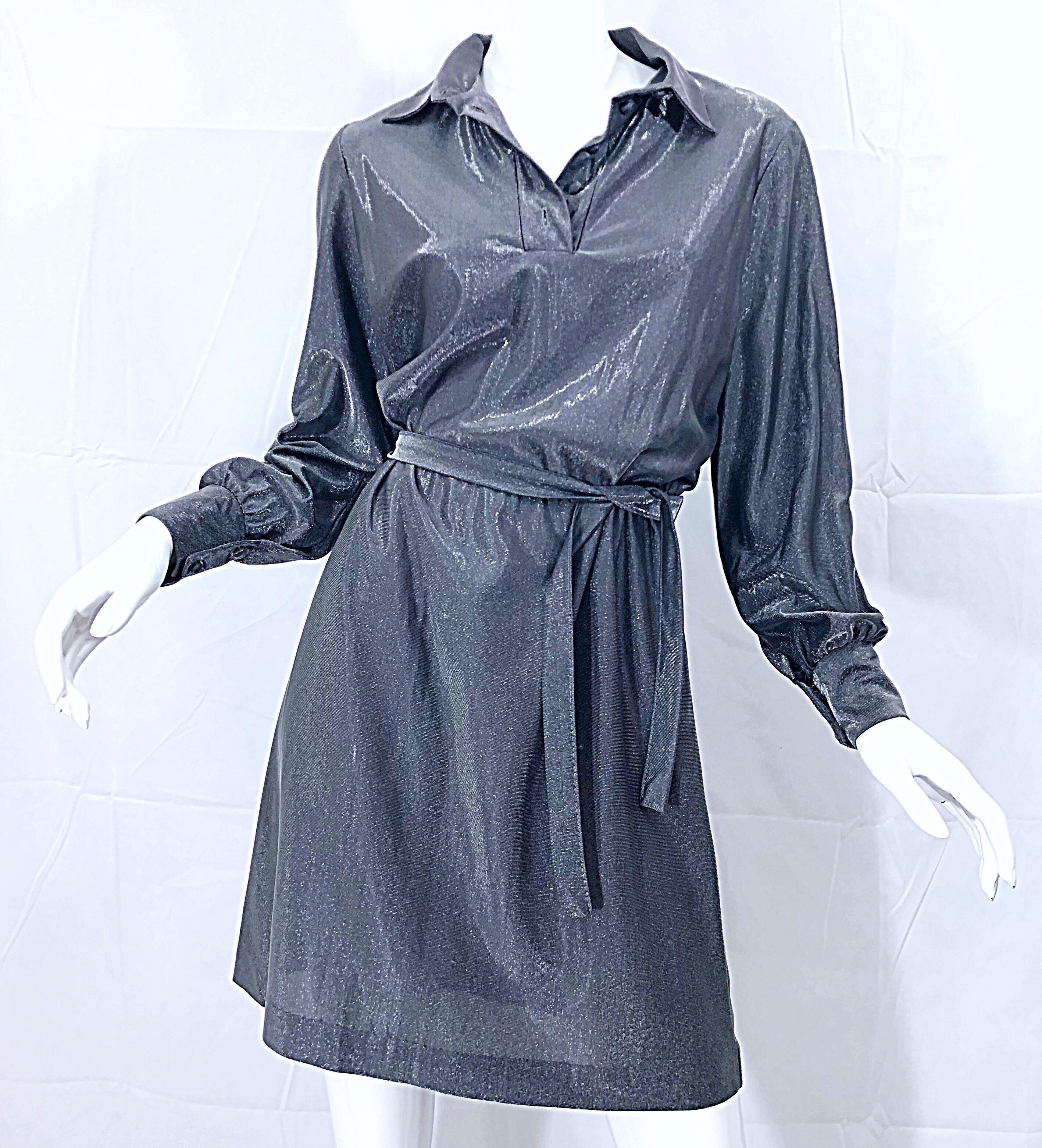 1970s Gunmetal Metallic Silver Gray Belted Vintage 70s Long Sleeve Shirt Dress For Sale 7