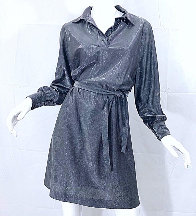 1970s Gunmetal Metallic Silver Gray Belted Vintage 70s Long Sleeve Shirt Dress