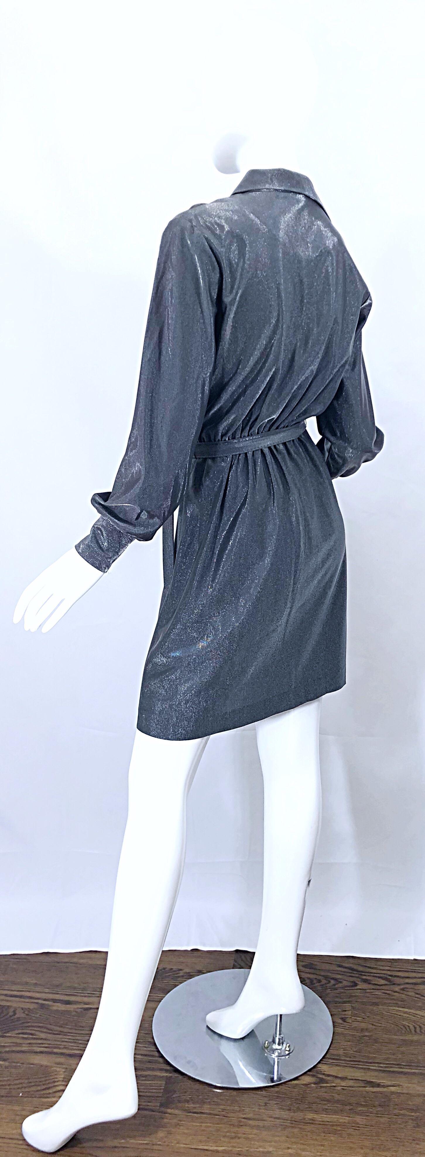 1970s Gunmetal Metallic Silver Gray Belted Vintage 70s Long Sleeve Shirt Dress For Sale 8