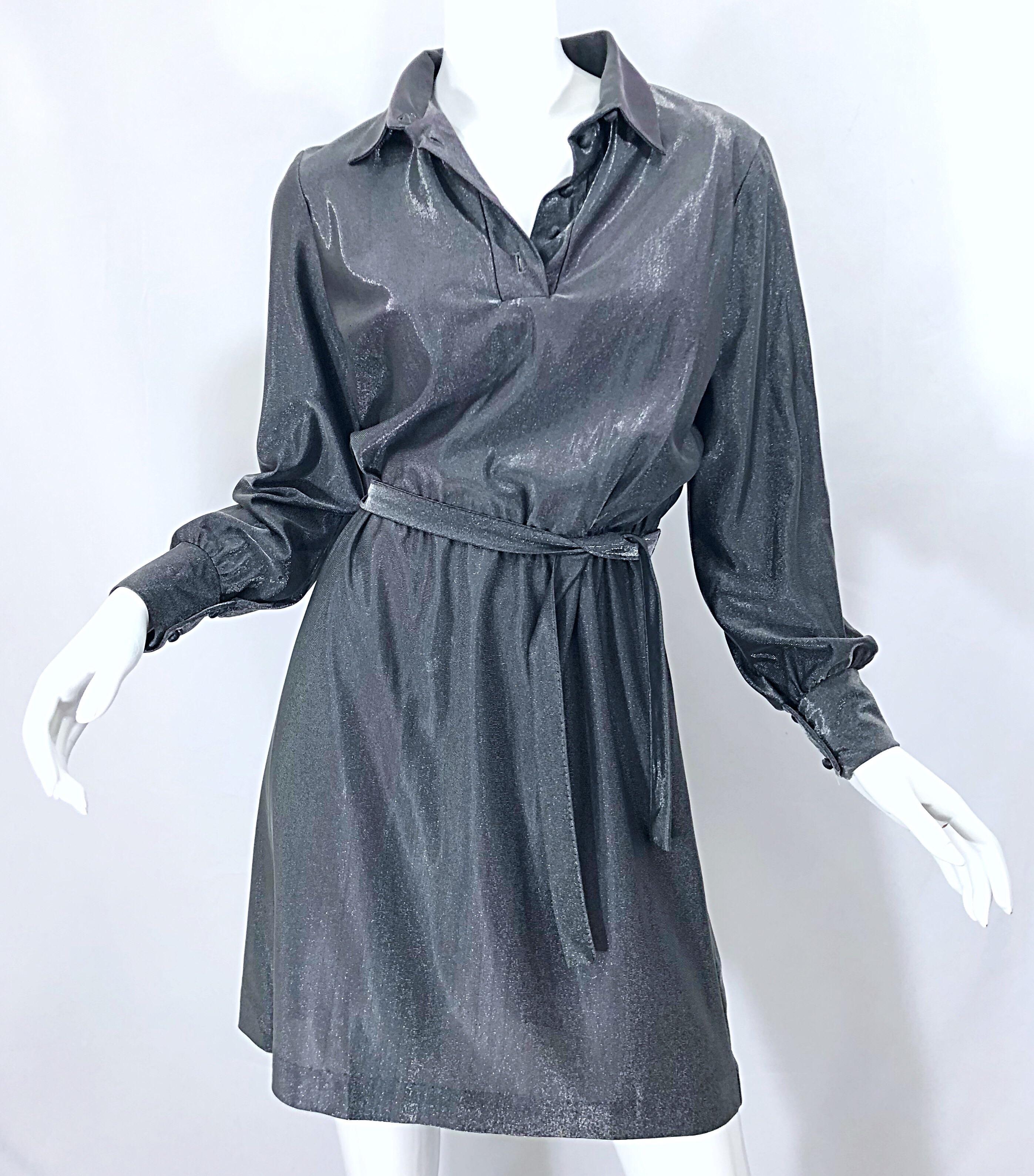 1970s Gunmetal Metallic Silver Gray Belted Vintage 70s Long Sleeve Shirt Dress For Sale 9