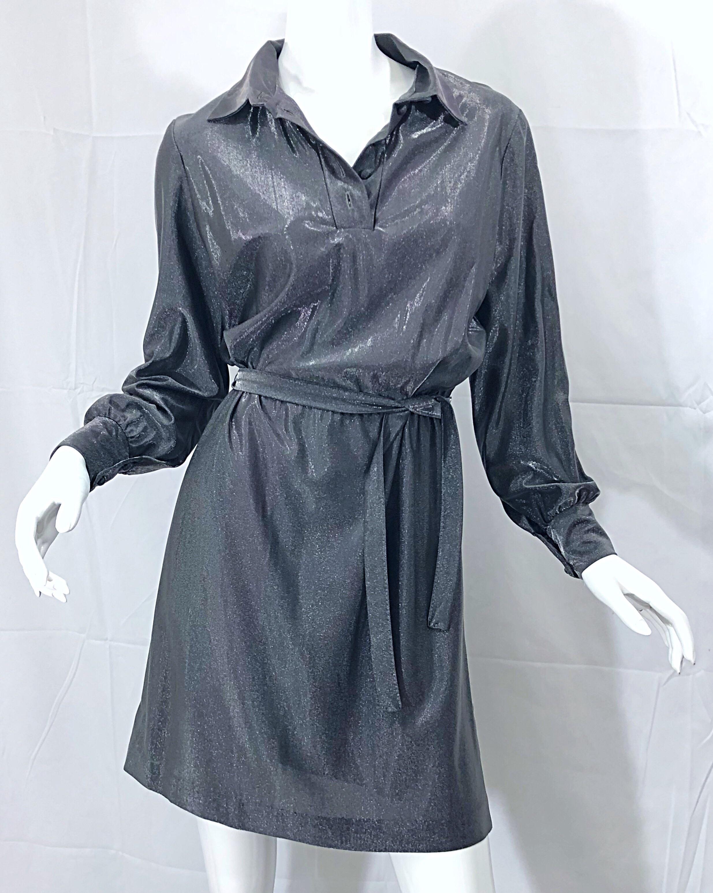 1970s Gunmetal Metallic Silver Gray Belted Vintage 70s Long Sleeve Shirt Dress For Sale 13