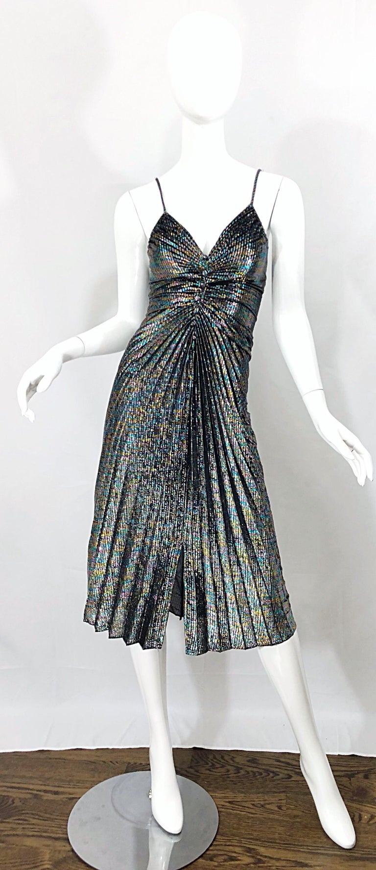 70s metallic dress Vintage 70s Metallic Silver Dress Disco Lounge Dance Evening Party Black Long M