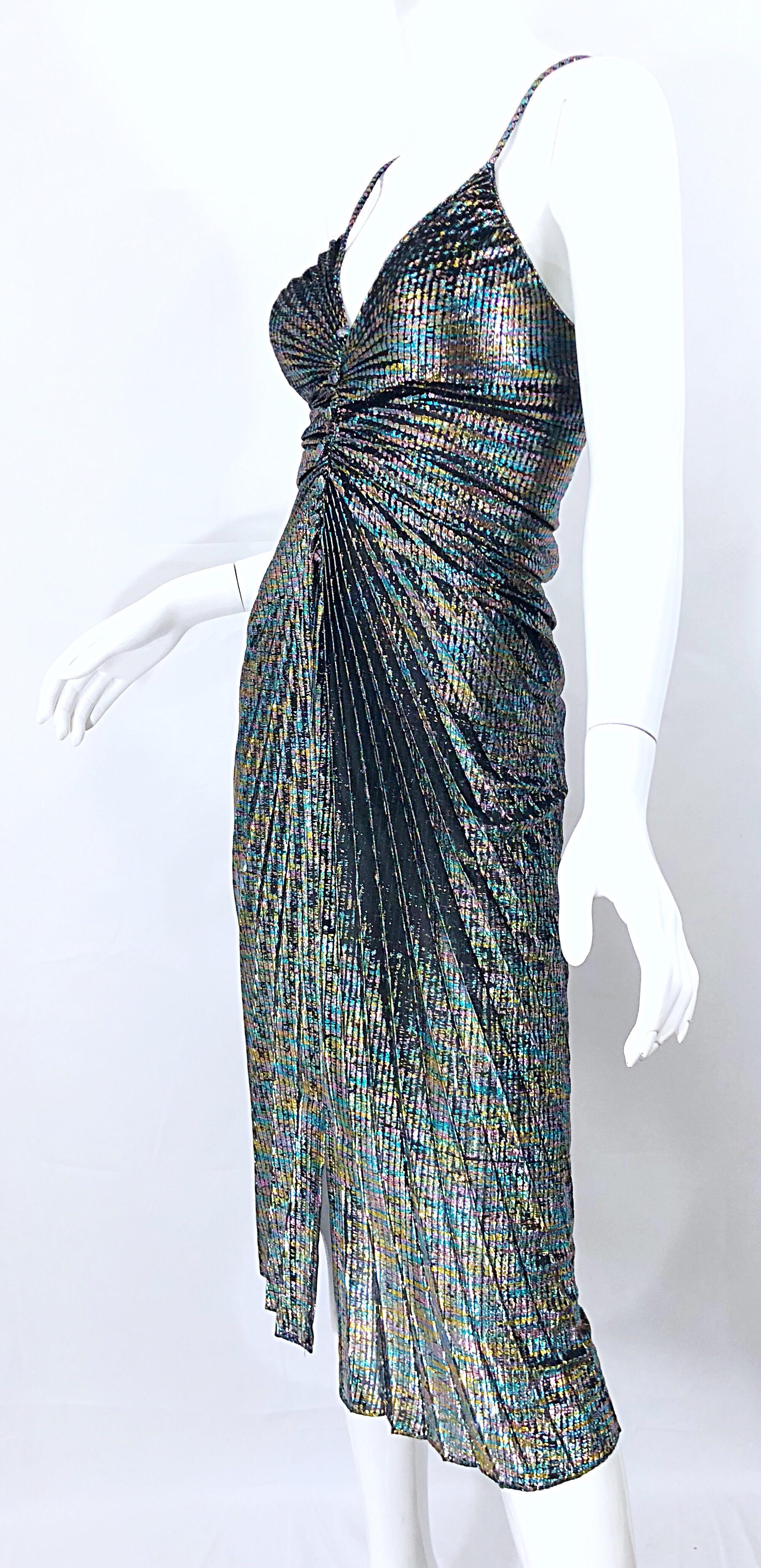Gray Amazing 1970s Samir Rainbow Metallic Slinky Pleated Vintage 70s Disco Dress