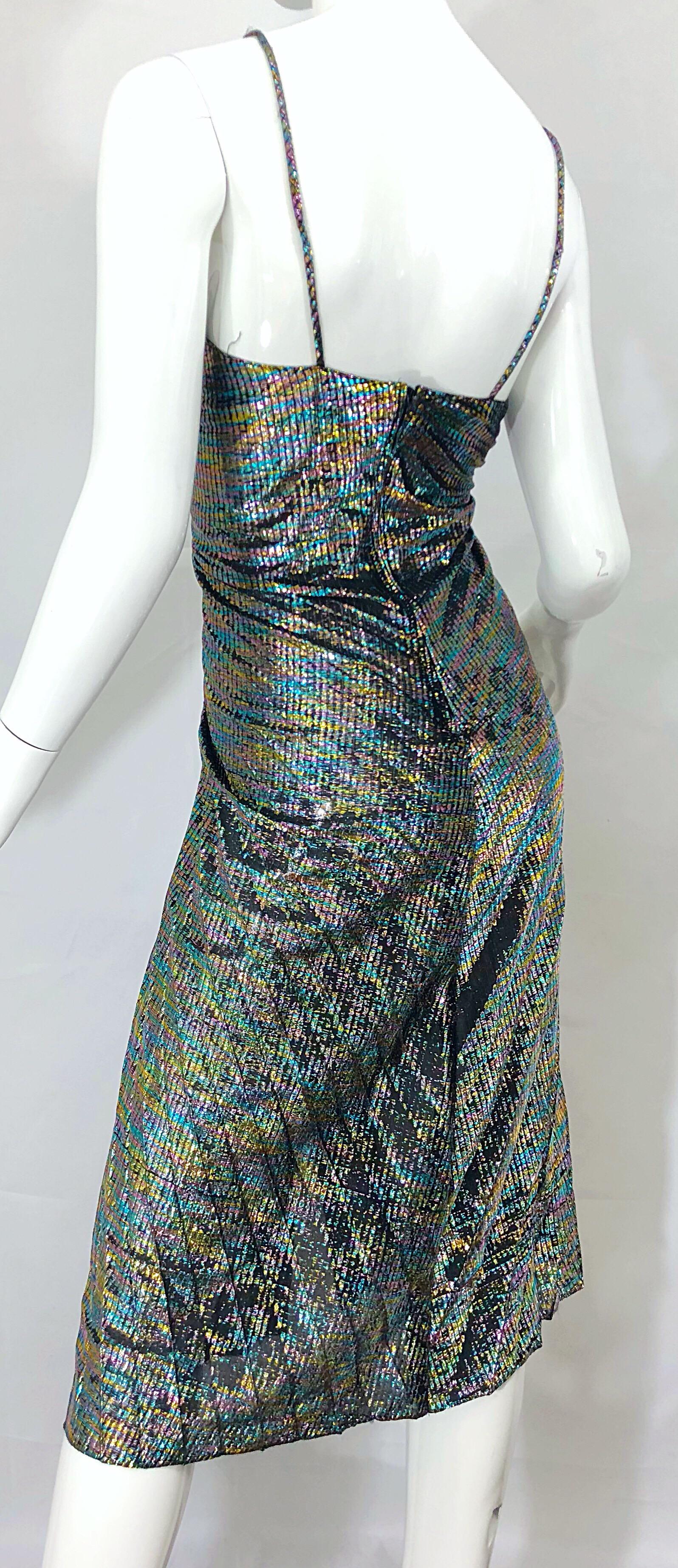 Amazing 1970s Samir Rainbow Metallic Slinky Pleated Vintage 70s Disco Dress In Excellent Condition In San Diego, CA