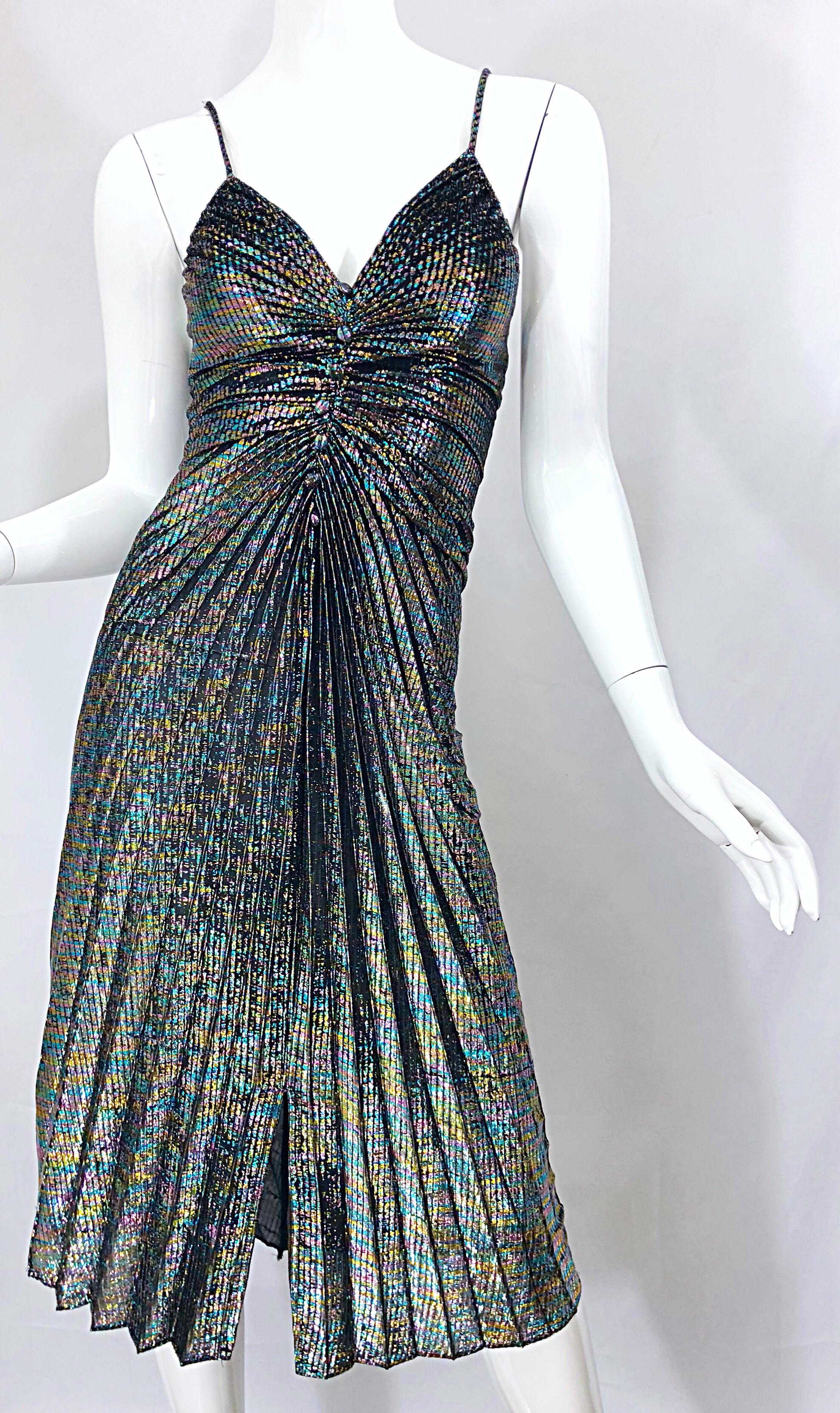 Amazing 1970s Samir Rainbow Metallic Slinky Pleated Vintage 70s Disco Dress 1