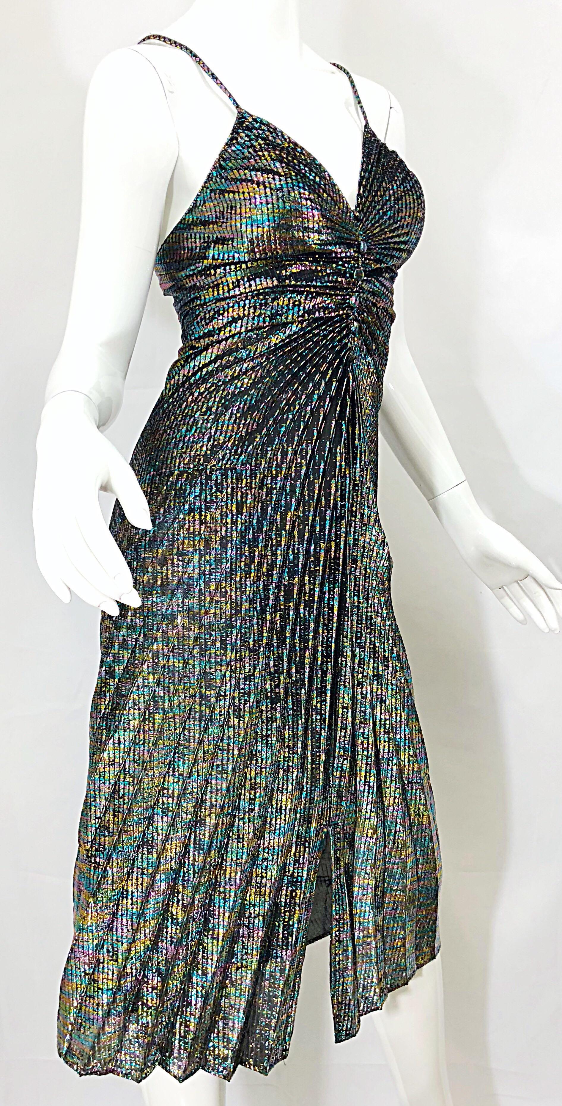 Amazing 1970s Samir Rainbow Metallic Slinky Pleated Vintage 70s Disco Dress 2