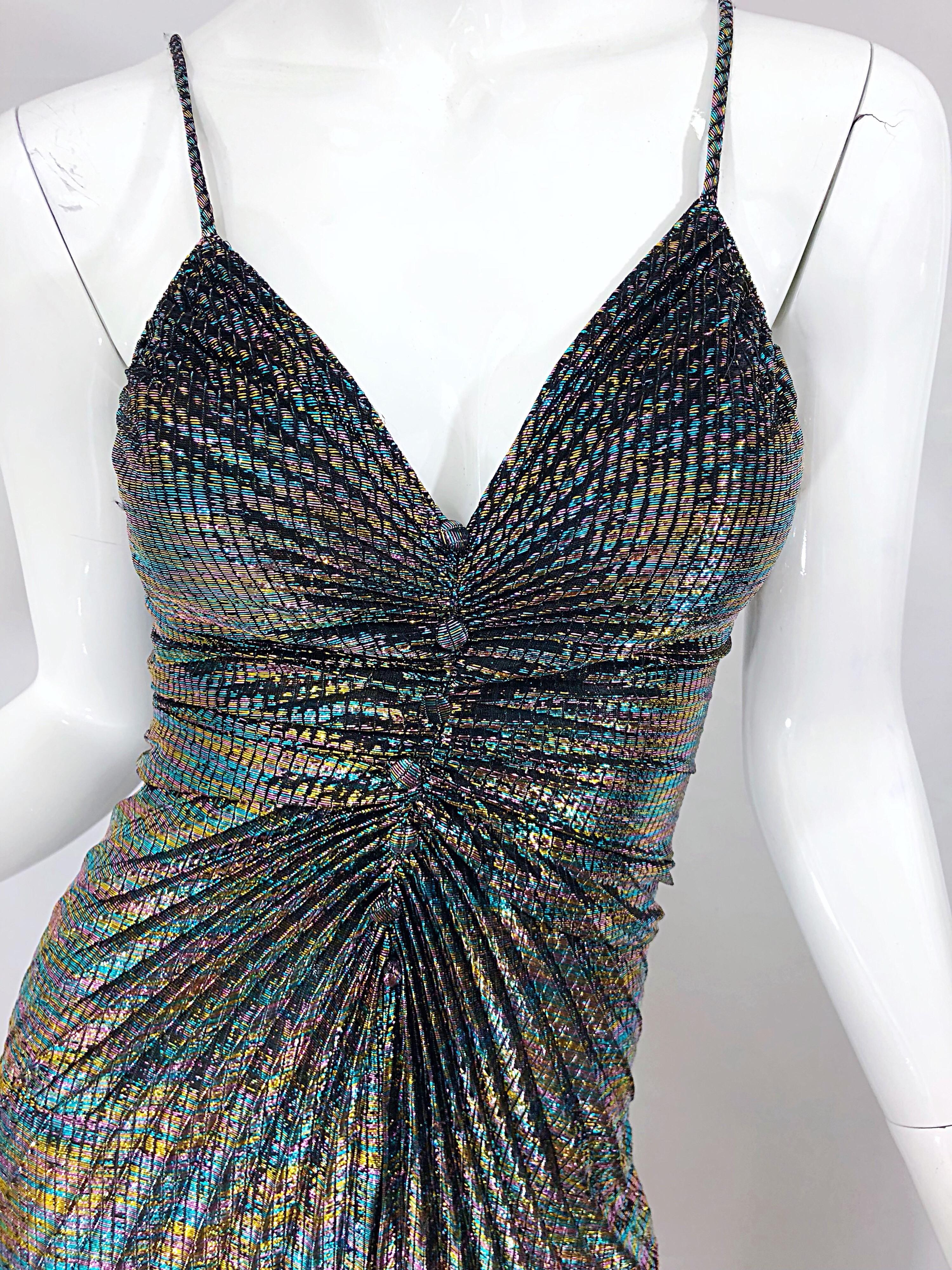 Amazing 1970s Samir Rainbow Metallic Slinky Pleated Vintage 70s Disco Dress 3