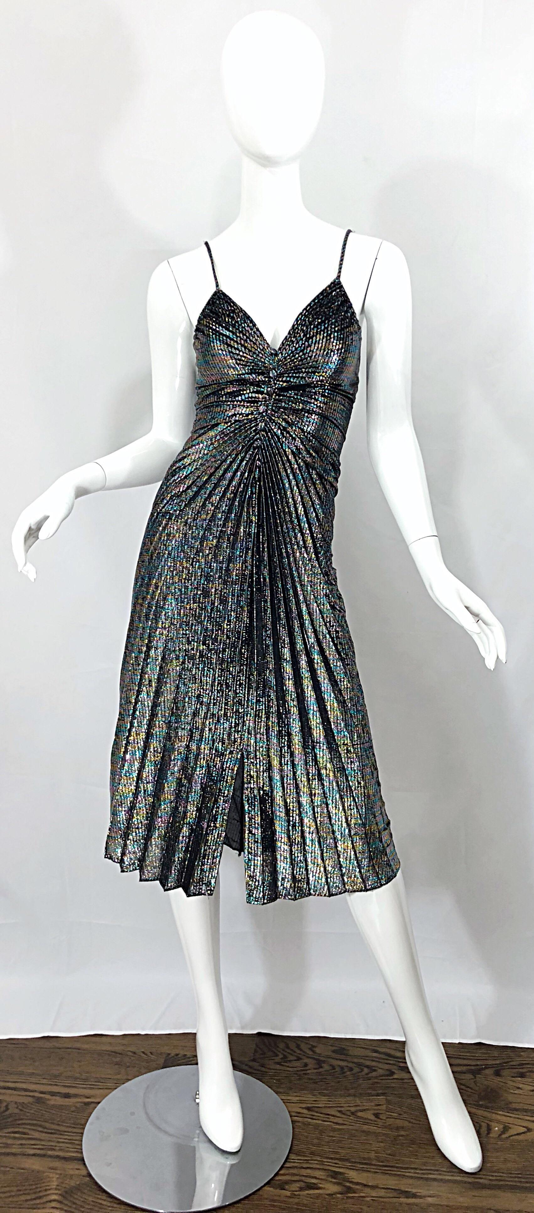Amazing 1970s Samir Rainbow Metallic Slinky Pleated Vintage 70s Disco Dress 4