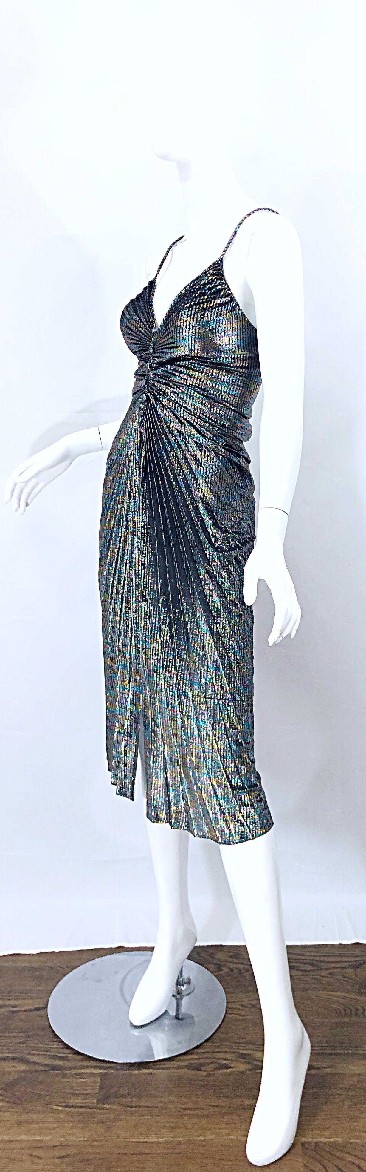 Amazing 1970s Samir Rainbow Metallic Slinky Pleated Vintage 70s Disco Dress 6