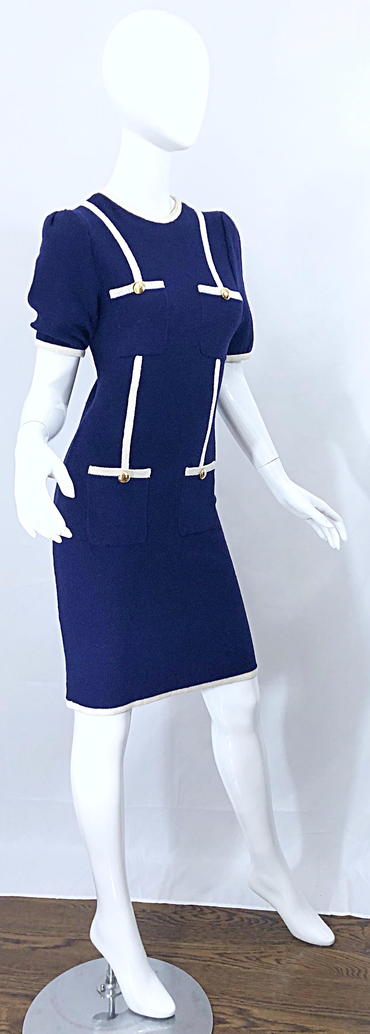 Women's Vintage Adolfo for Saks 5th Avenue Navy Blue and White Nautical Knit Dress