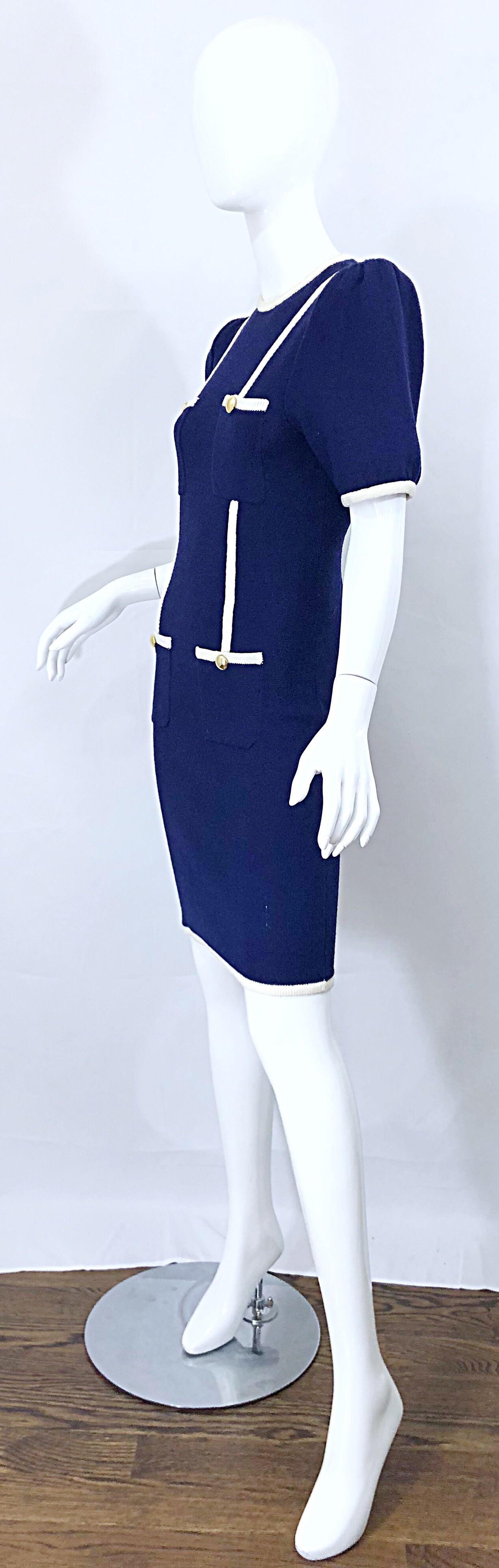 Vintage Adolfo for Saks 5th Avenue Navy Blue and White Nautical Knit Dress 1