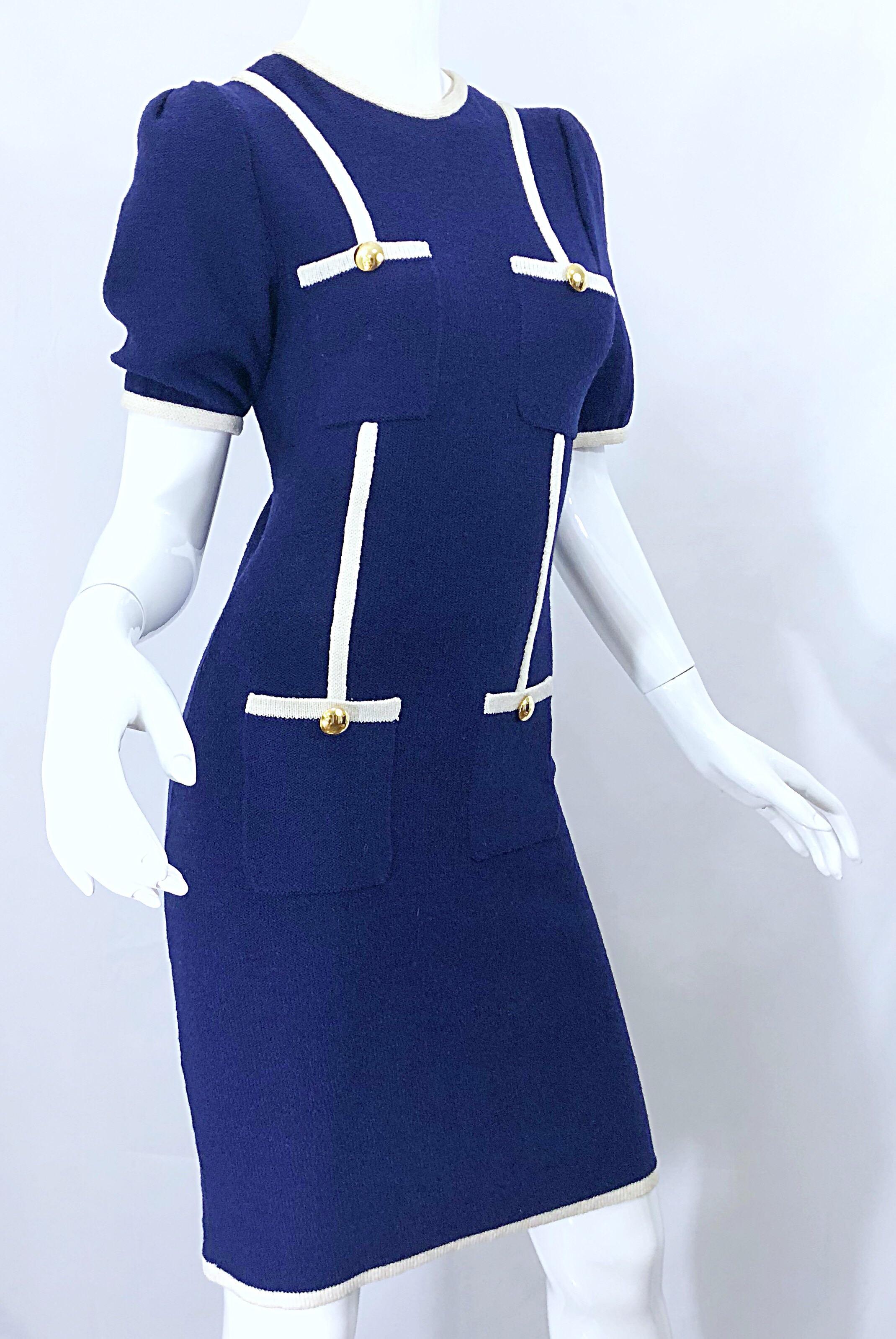 Vintage Adolfo for Saks 5th Avenue Navy Blue and White Nautical Knit Dress 4