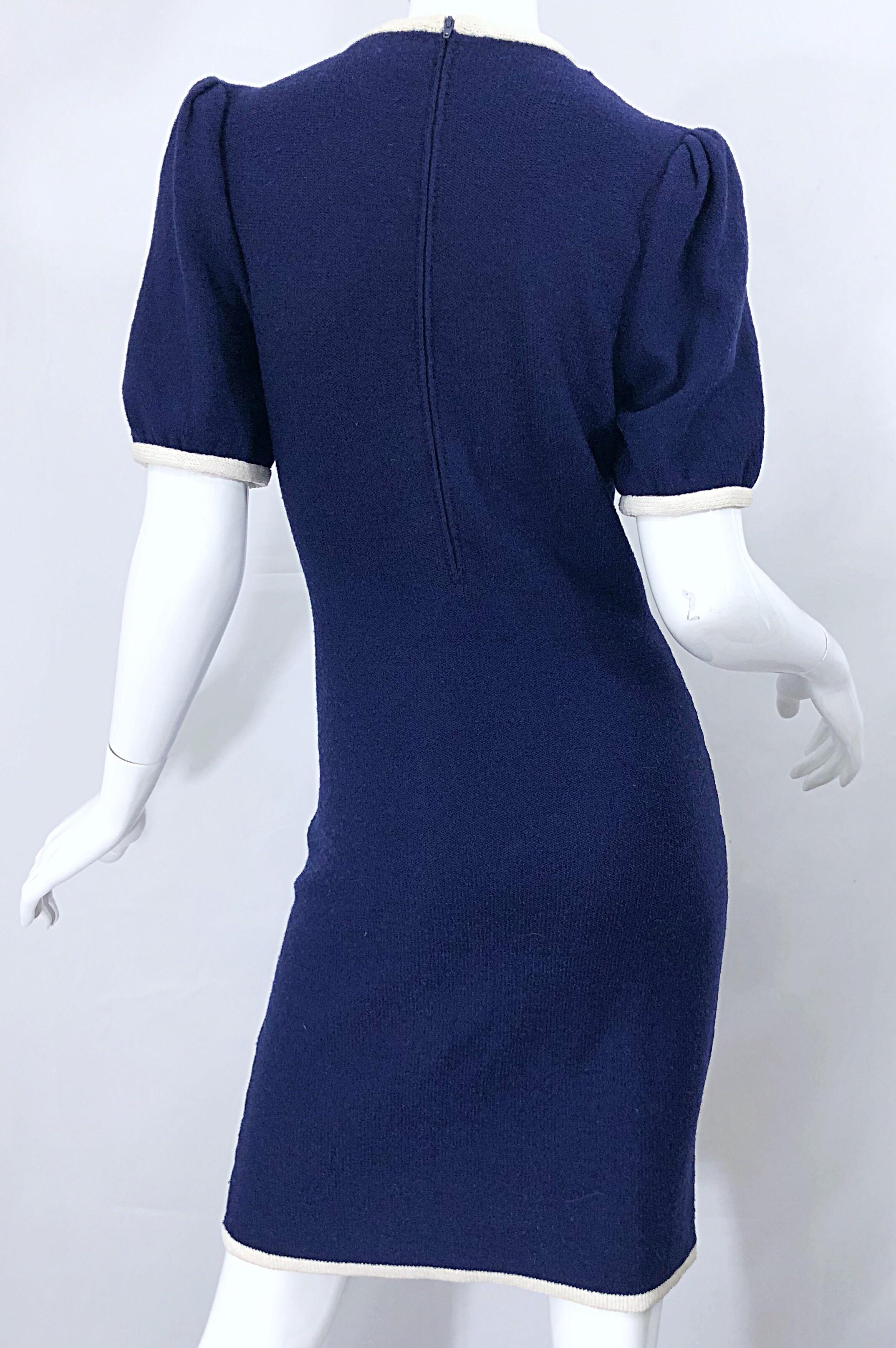 Vintage Adolfo for Saks 5th Avenue Navy Blue and White Nautical Knit Dress 5