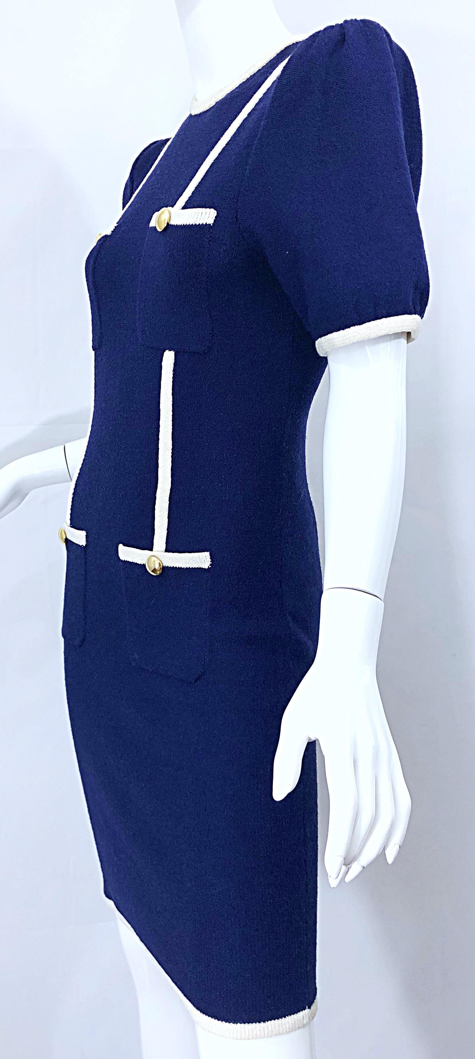 Vintage Adolfo for Saks 5th Avenue Navy Blue and White Nautical Knit Dress 6