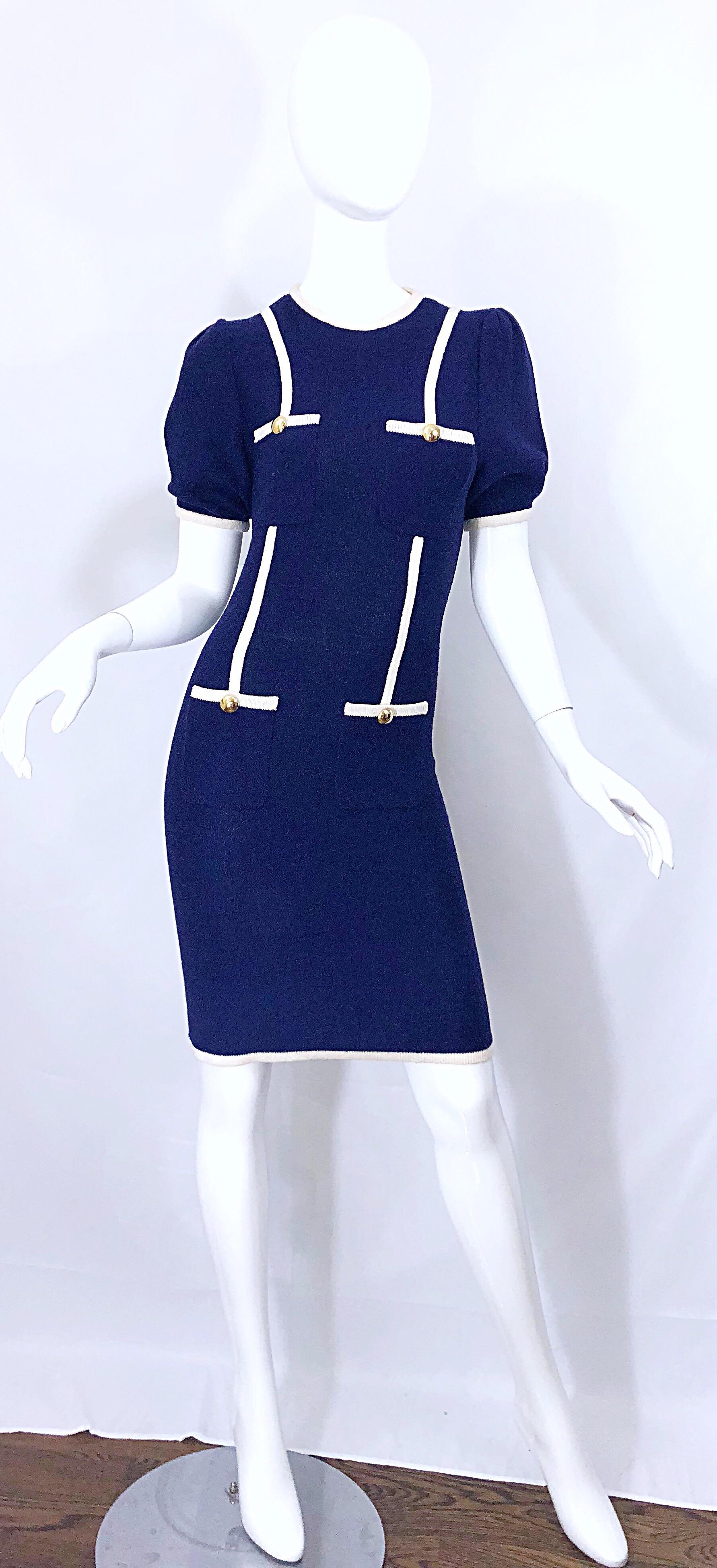 Vintage Adolfo for Saks 5th Avenue Navy Blue and White Nautical Knit Dress 7