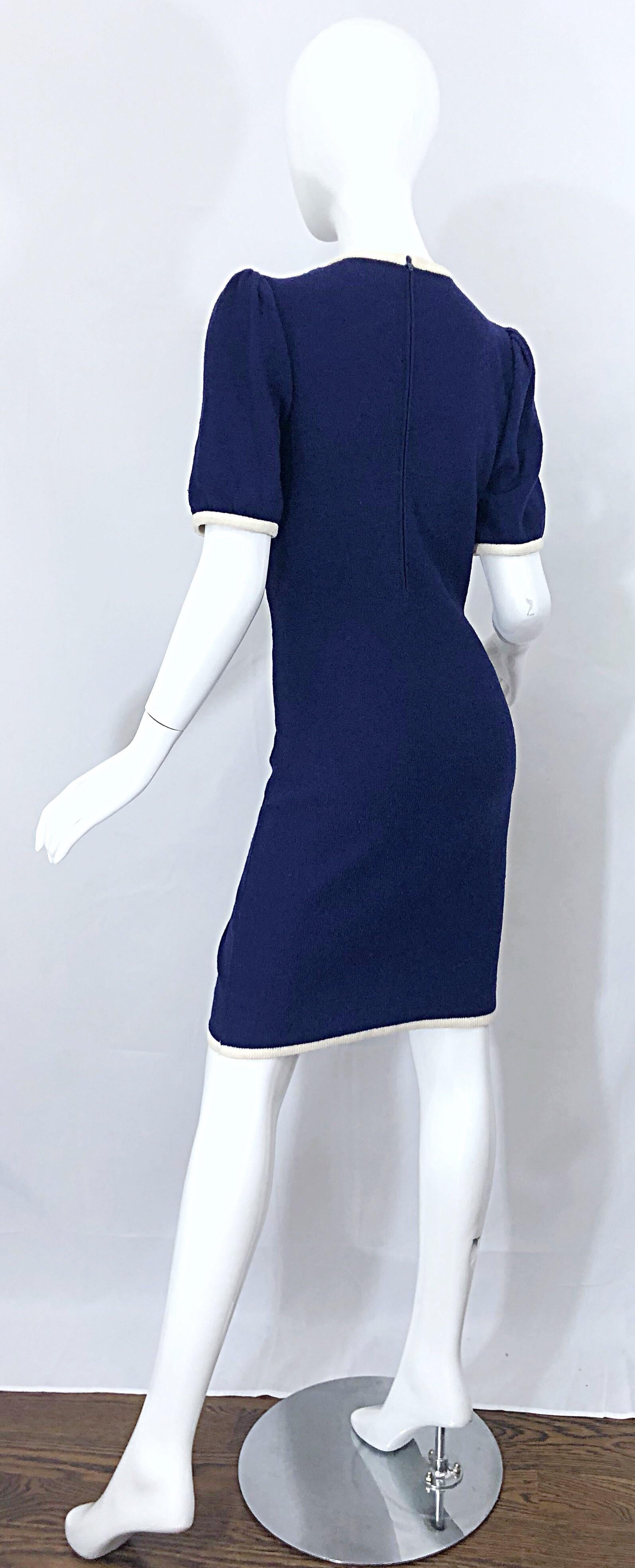Vintage Adolfo for Saks 5th Avenue Navy Blue and White Nautical Knit Dress 8