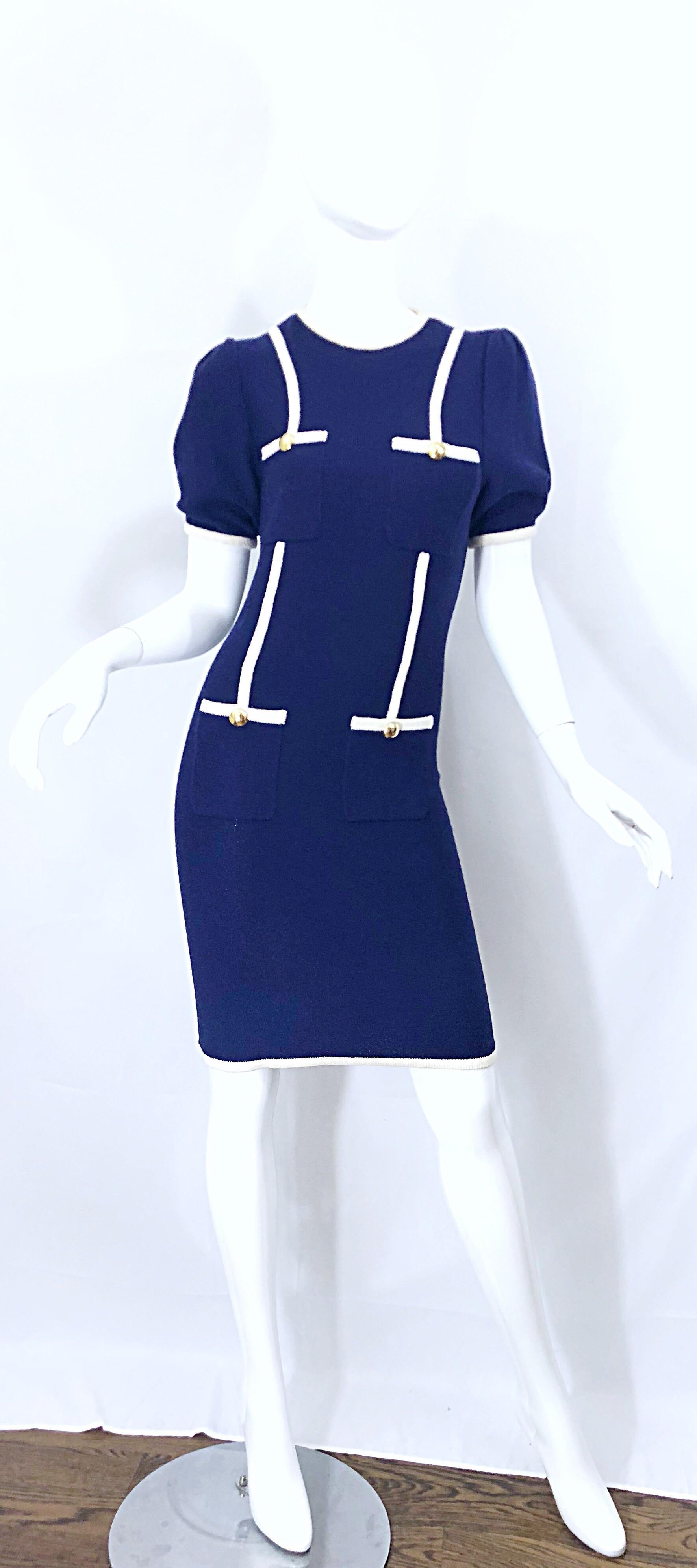 Vintage Adolfo for Saks 5th Avenue Navy Blue and White Nautical Knit Dress 9
