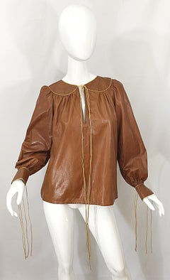 1970s Geoffrey Beene Leather Camel Tan / Brown Bishop Sleeve 70s Vintage Blouse