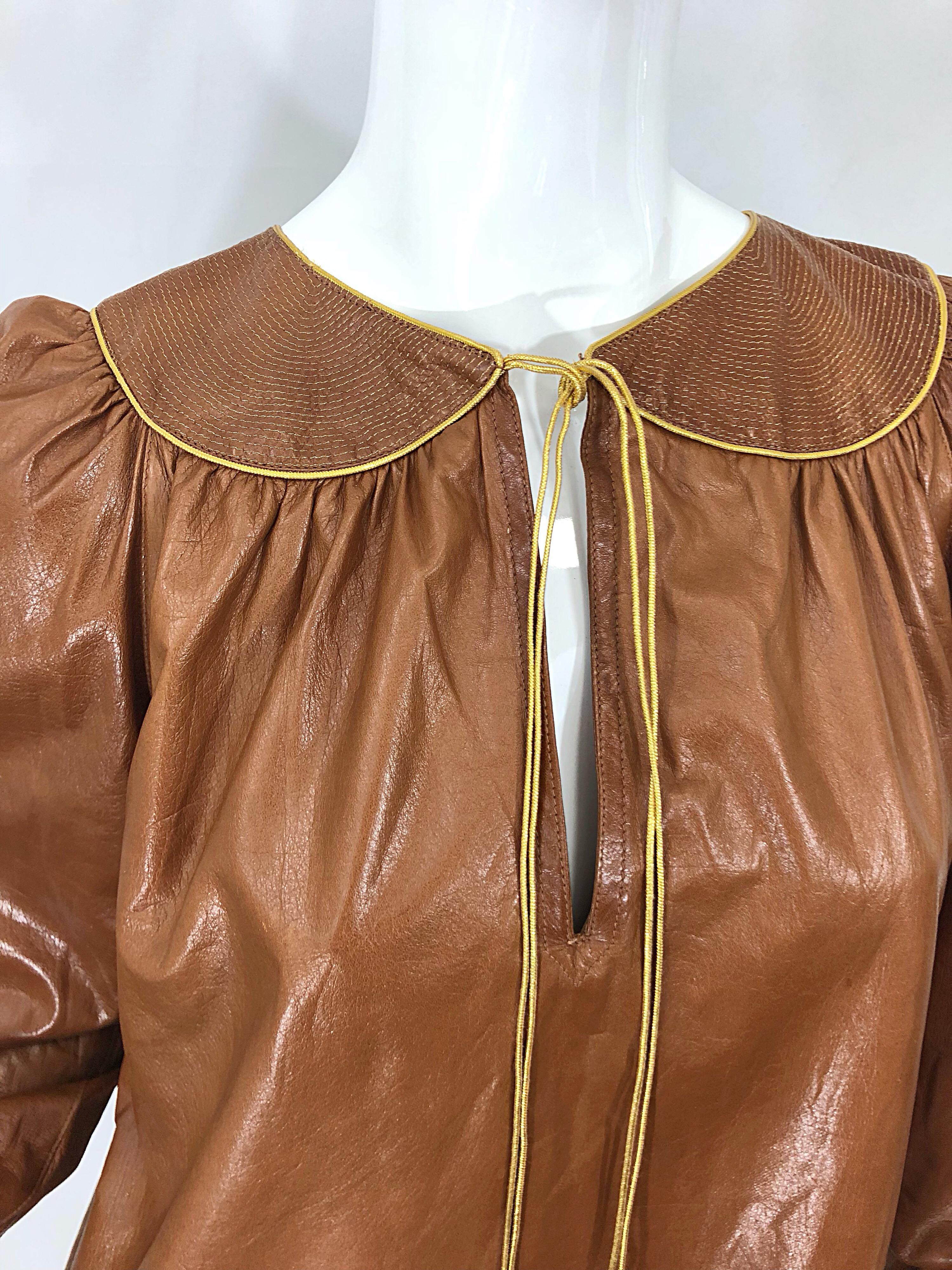 1970s Geoffrey Beene Leather Camel Tan / Brown Bishop Sleeve 70s Vintage Blouse In Good Condition In San Diego, CA