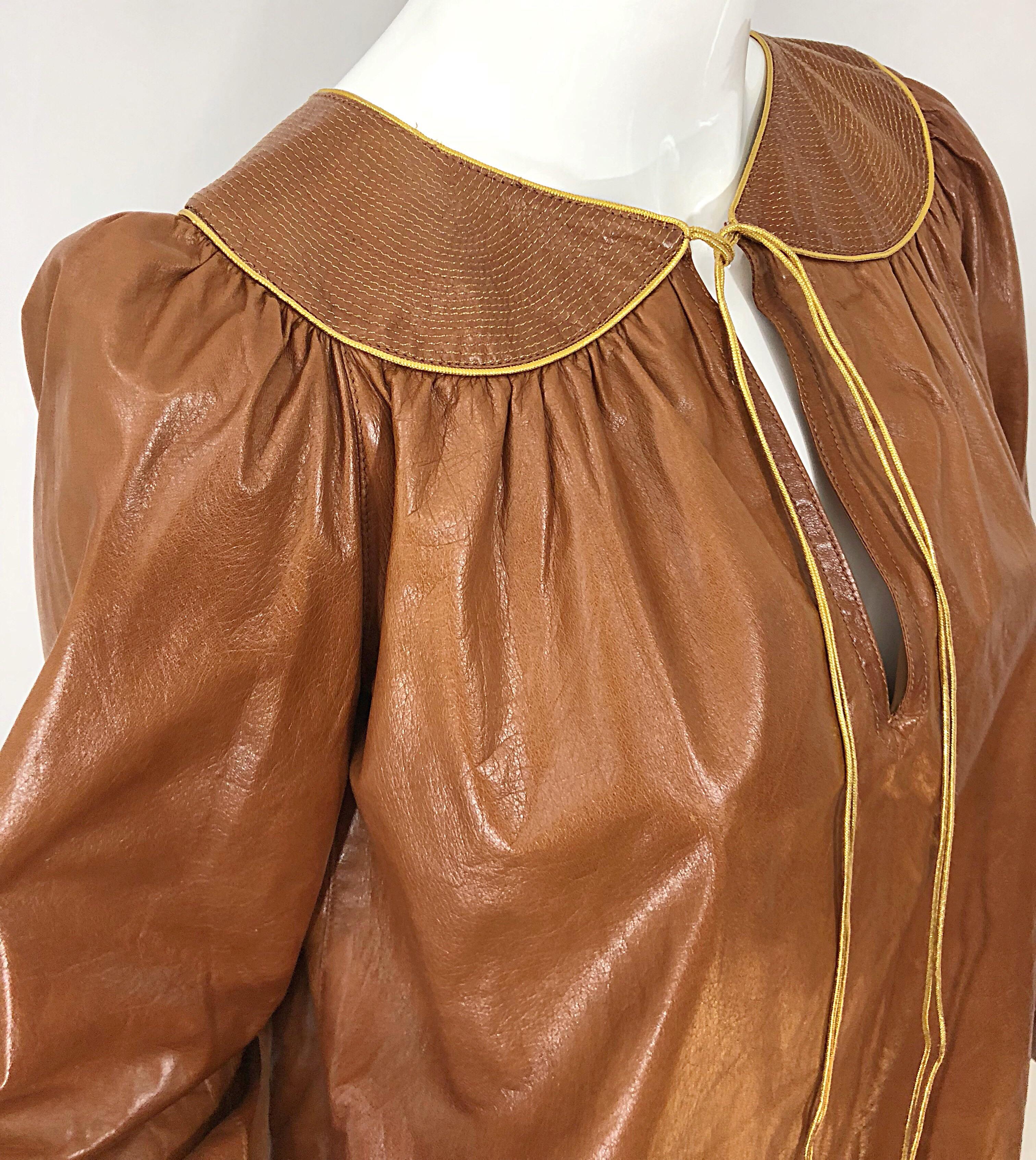 Women's 1970s Geoffrey Beene Leather Camel Tan / Brown Bishop Sleeve 70s Vintage Blouse