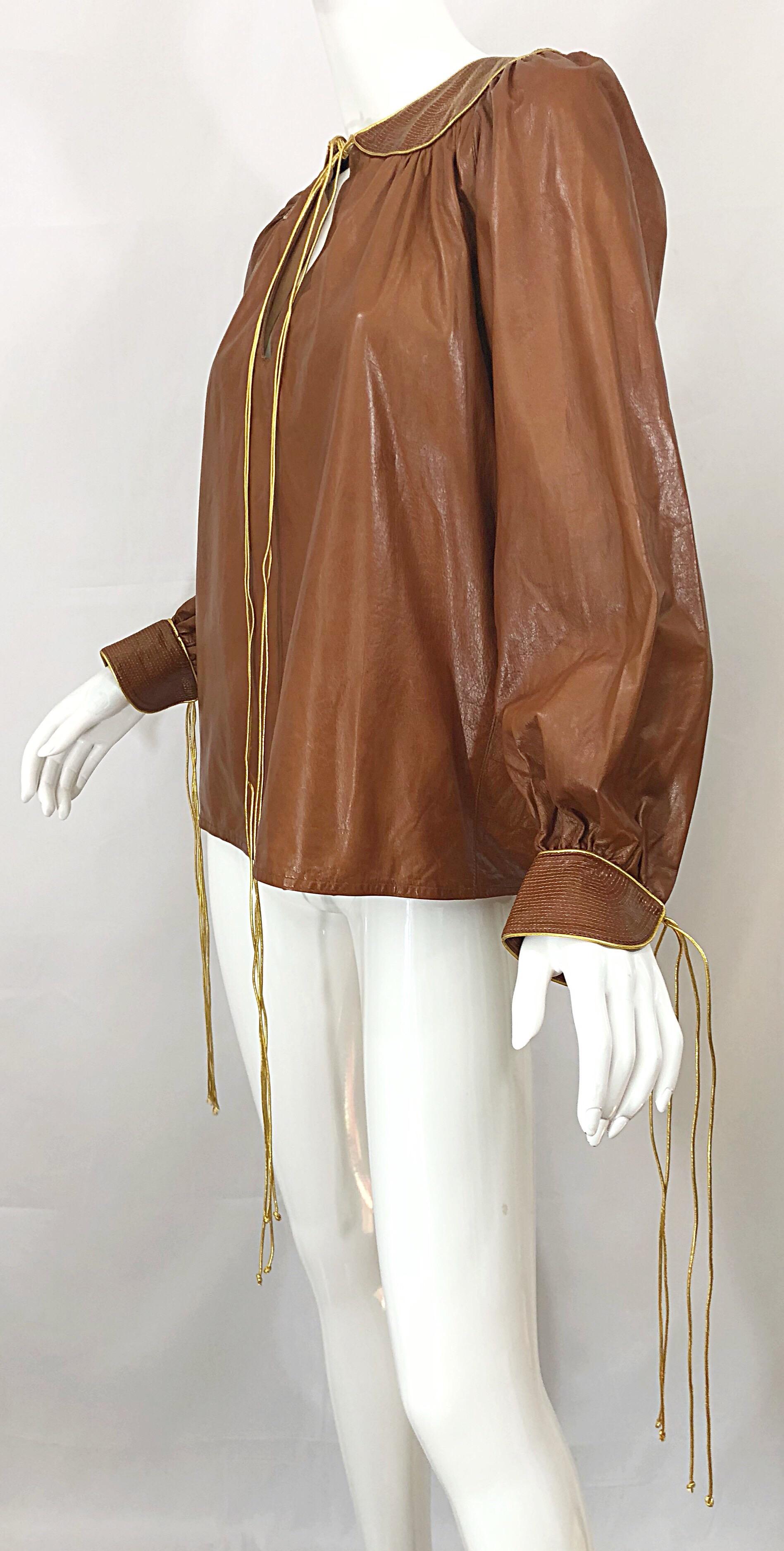 1970s Geoffrey Beene Leather Camel Tan / Brown Bishop Sleeve 70s Vintage Blouse 1