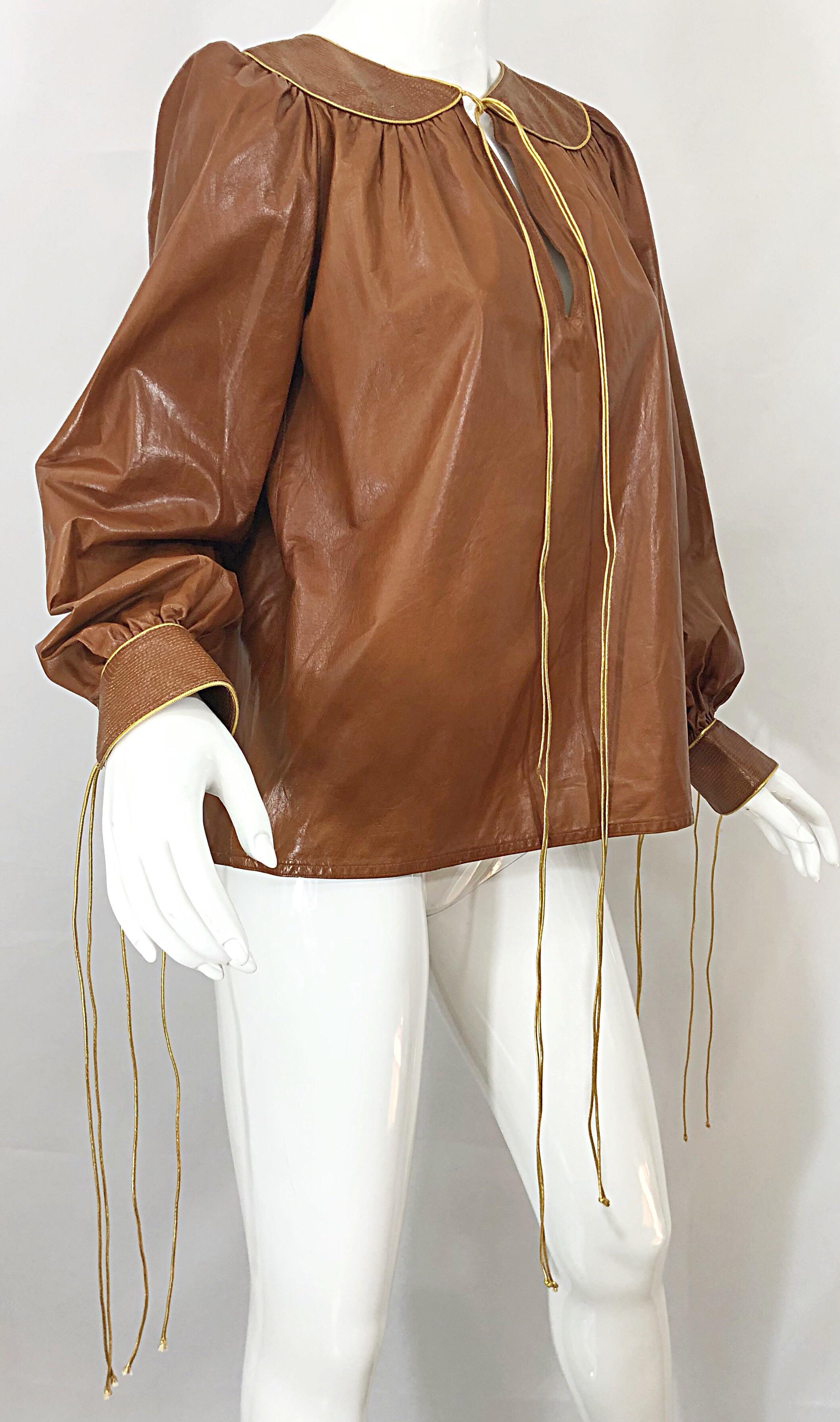 1970s Geoffrey Beene Leather Camel Tan / Brown Bishop Sleeve 70s Vintage Blouse 2