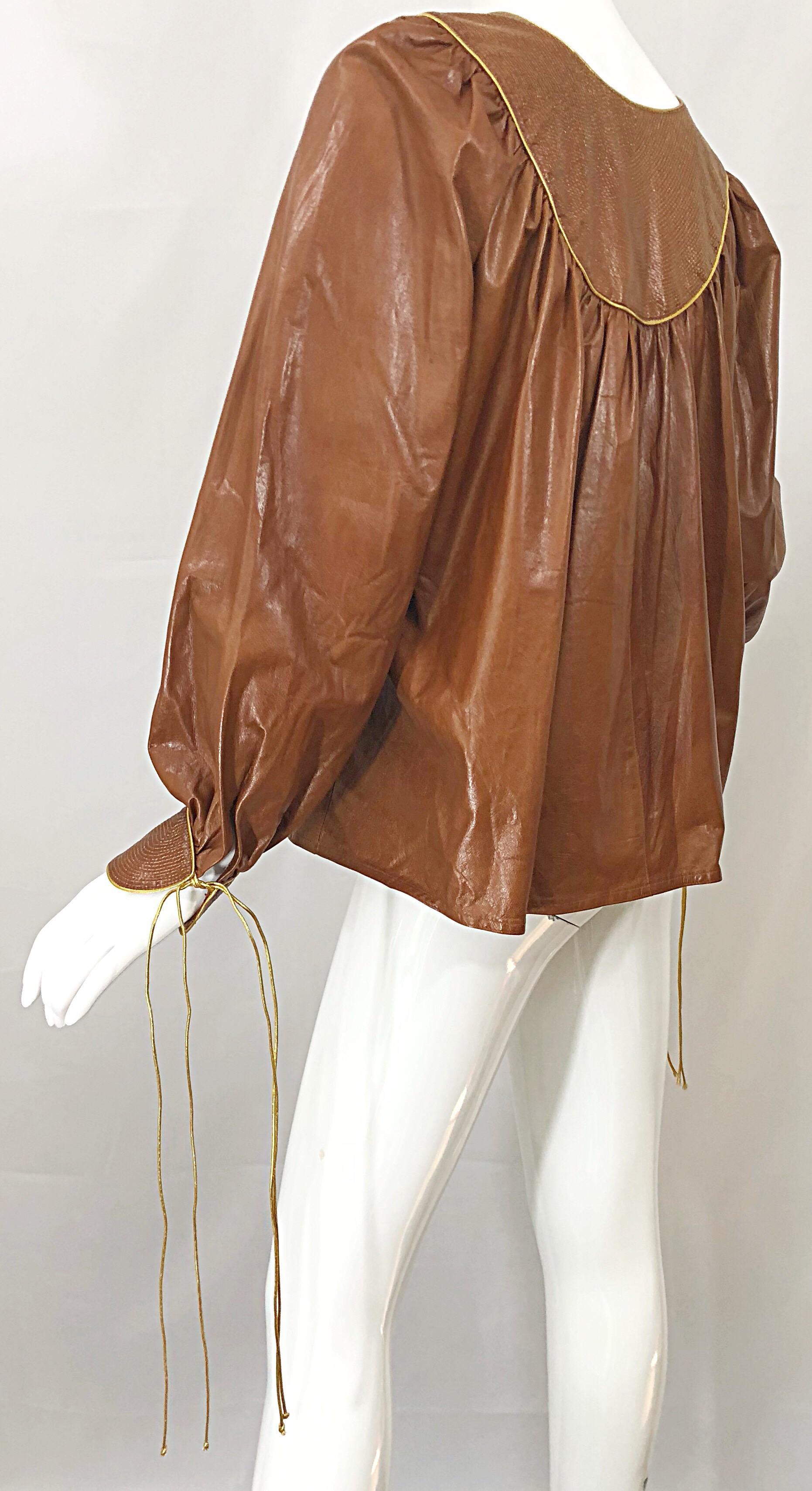 1970s Geoffrey Beene Leather Camel Tan / Brown Bishop Sleeve 70s Vintage Blouse 3