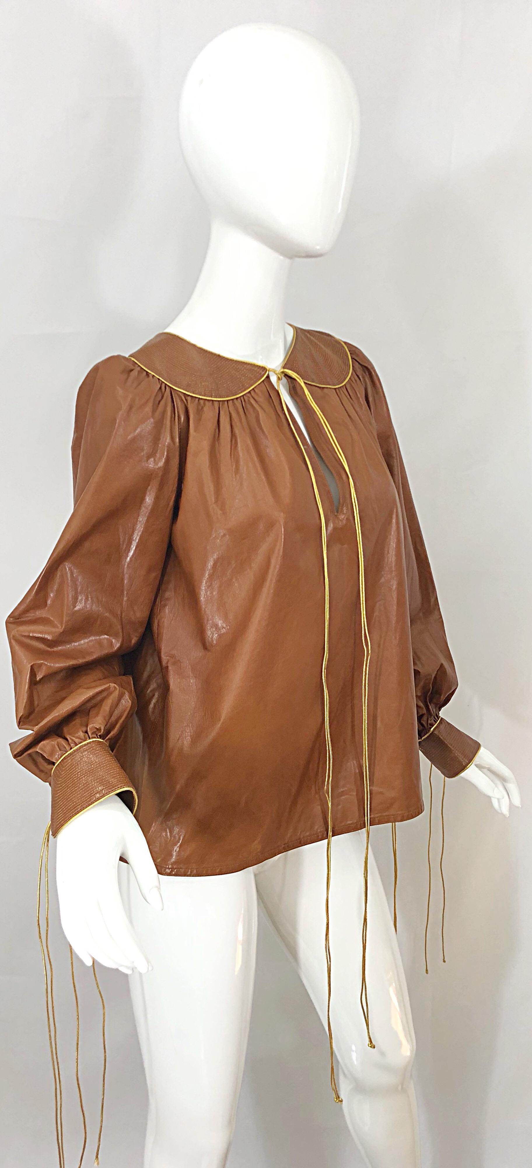 1970s Geoffrey Beene Leather Camel Tan / Brown Bishop Sleeve 70s Vintage Blouse 4