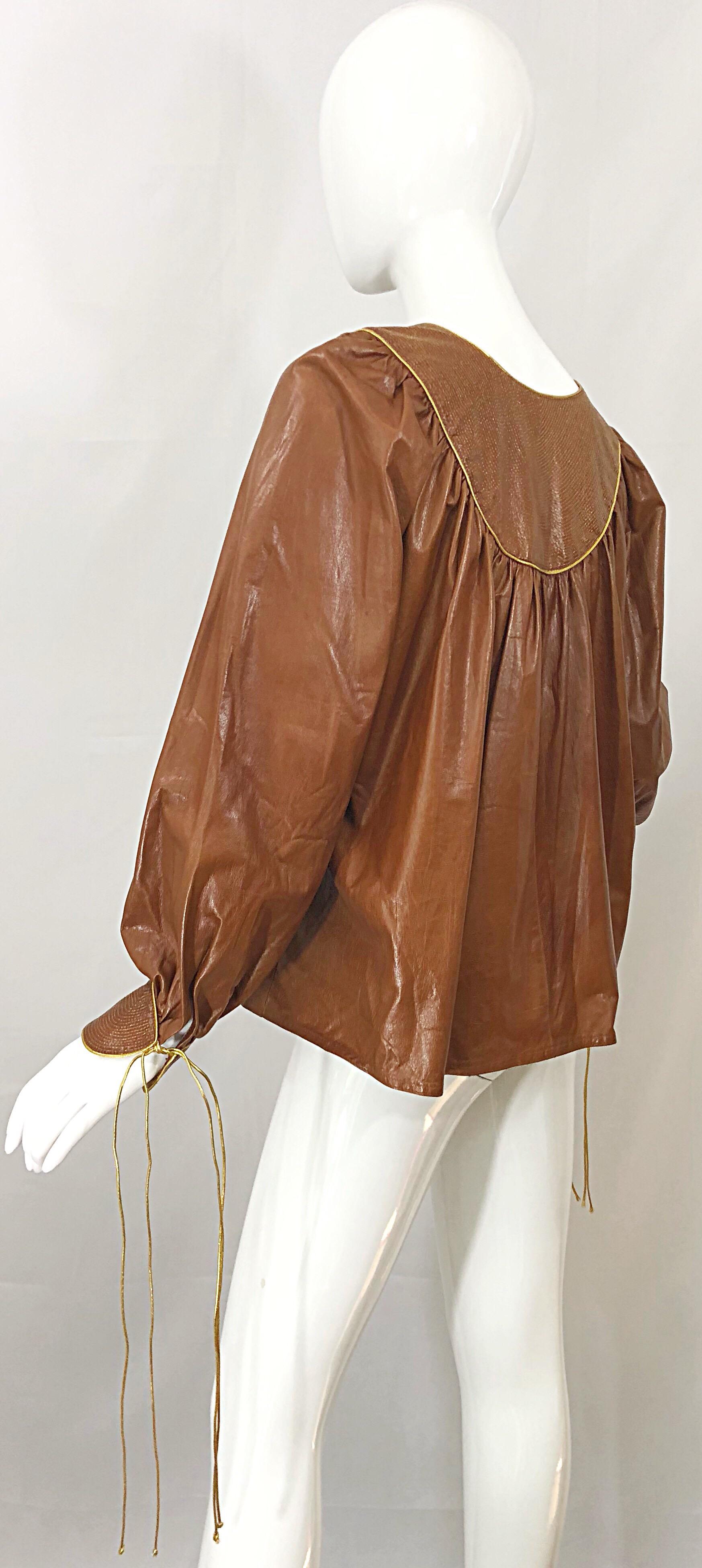 1970s Geoffrey Beene Leather Camel Tan / Brown Bishop Sleeve 70s Vintage Blouse 5