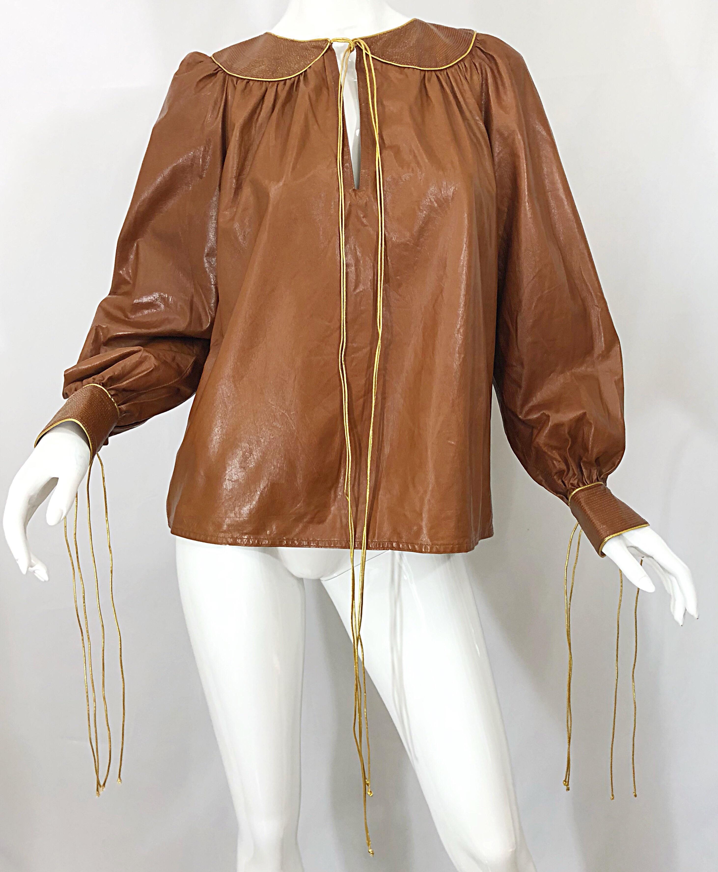1970s Geoffrey Beene Leather Camel Tan / Brown Bishop Sleeve 70s Vintage Blouse 6