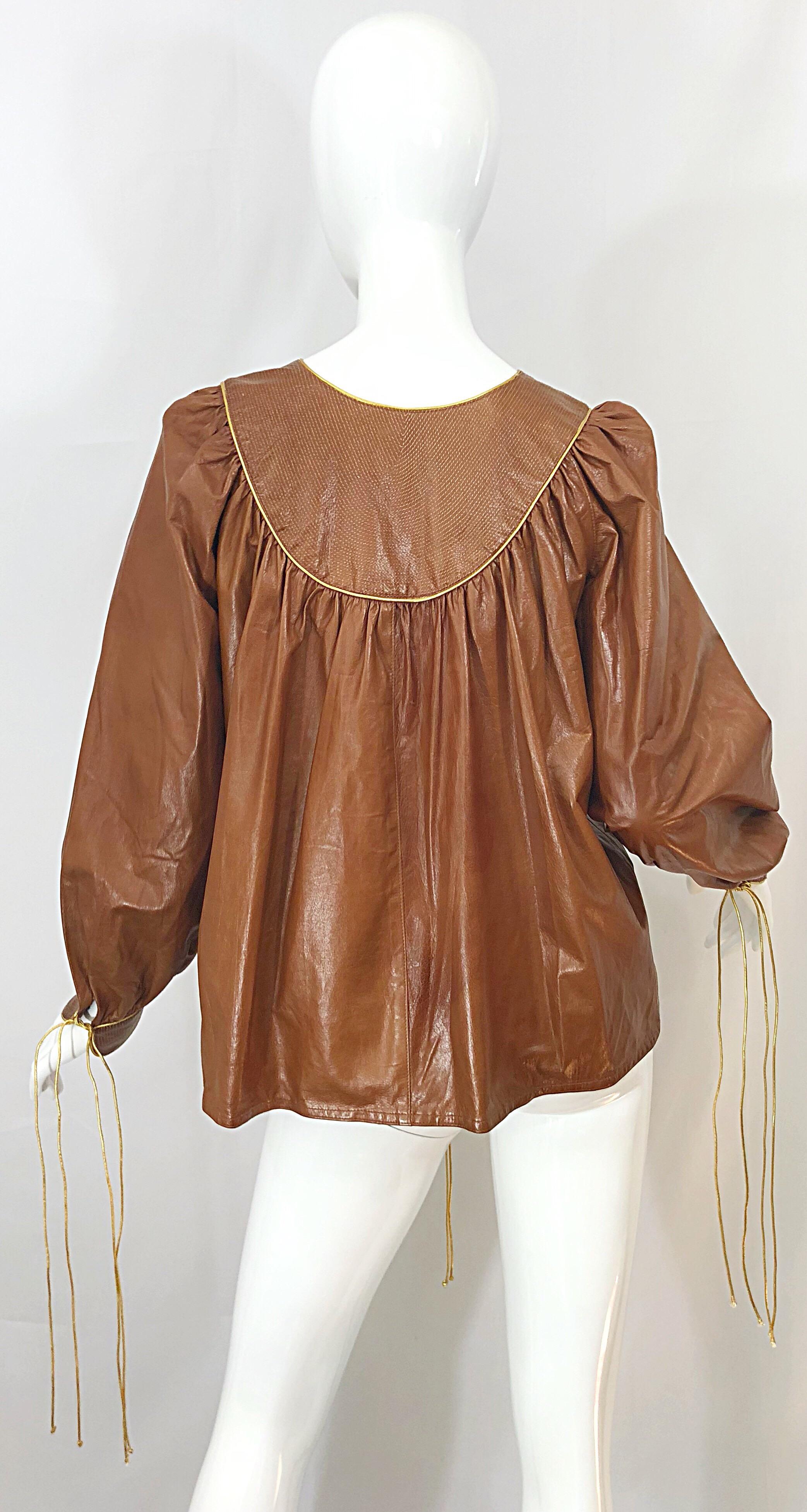 1970s Geoffrey Beene Leather Camel Tan / Brown Bishop Sleeve 70s Vintage Blouse 7