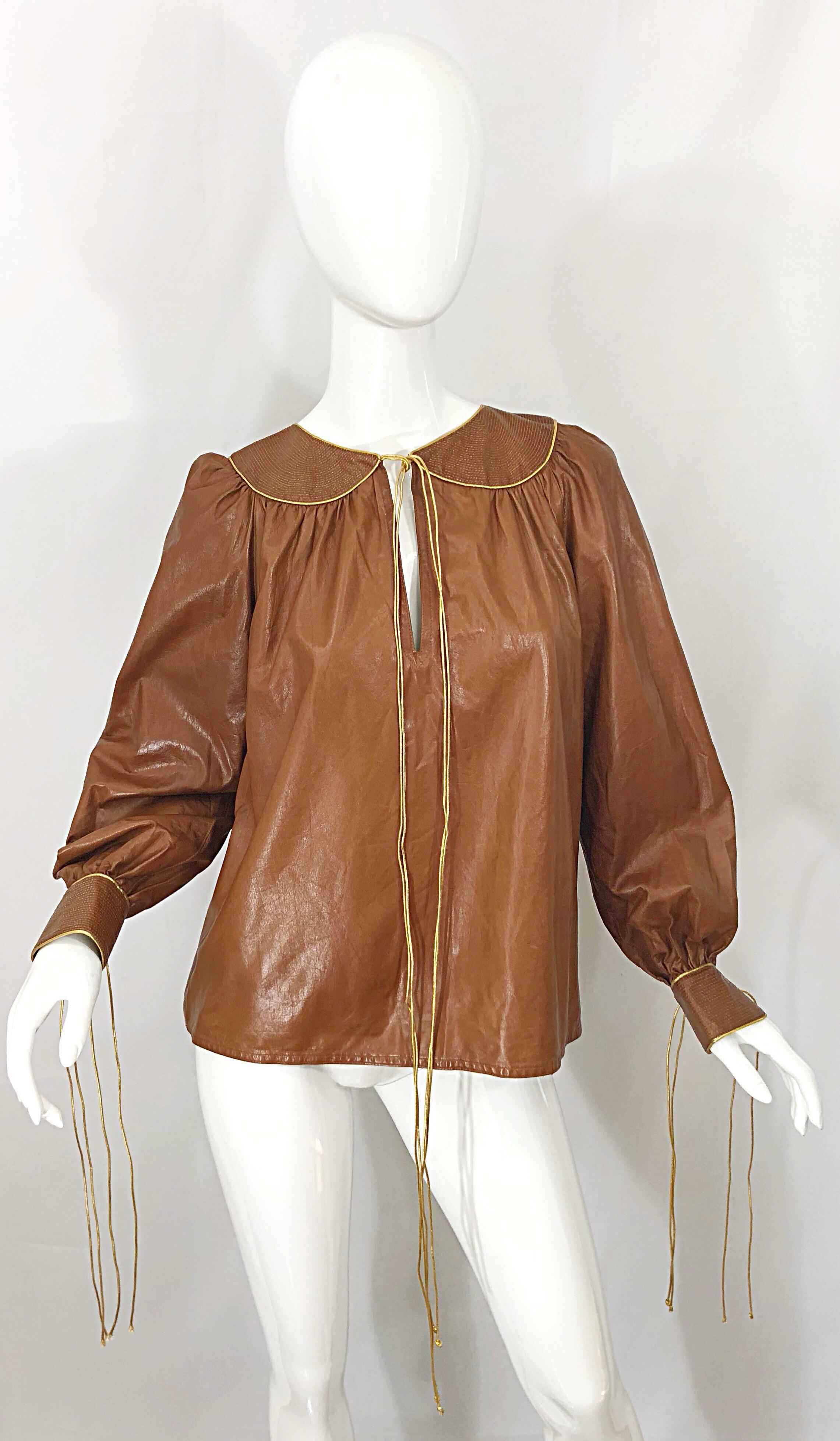 1970s Geoffrey Beene Leather Camel Tan / Brown Bishop Sleeve 70s Vintage Blouse 8