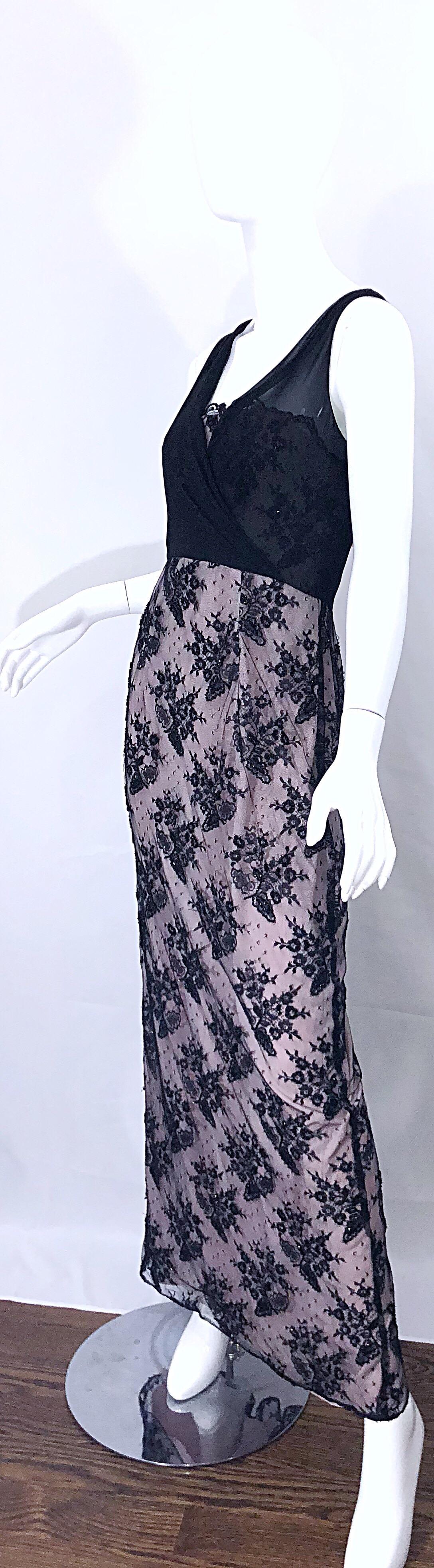 Vintage Bob Mackie Size 8 / 10 Black and Pink Beaded French Lace Evening Gown In Excellent Condition For Sale In San Diego, CA