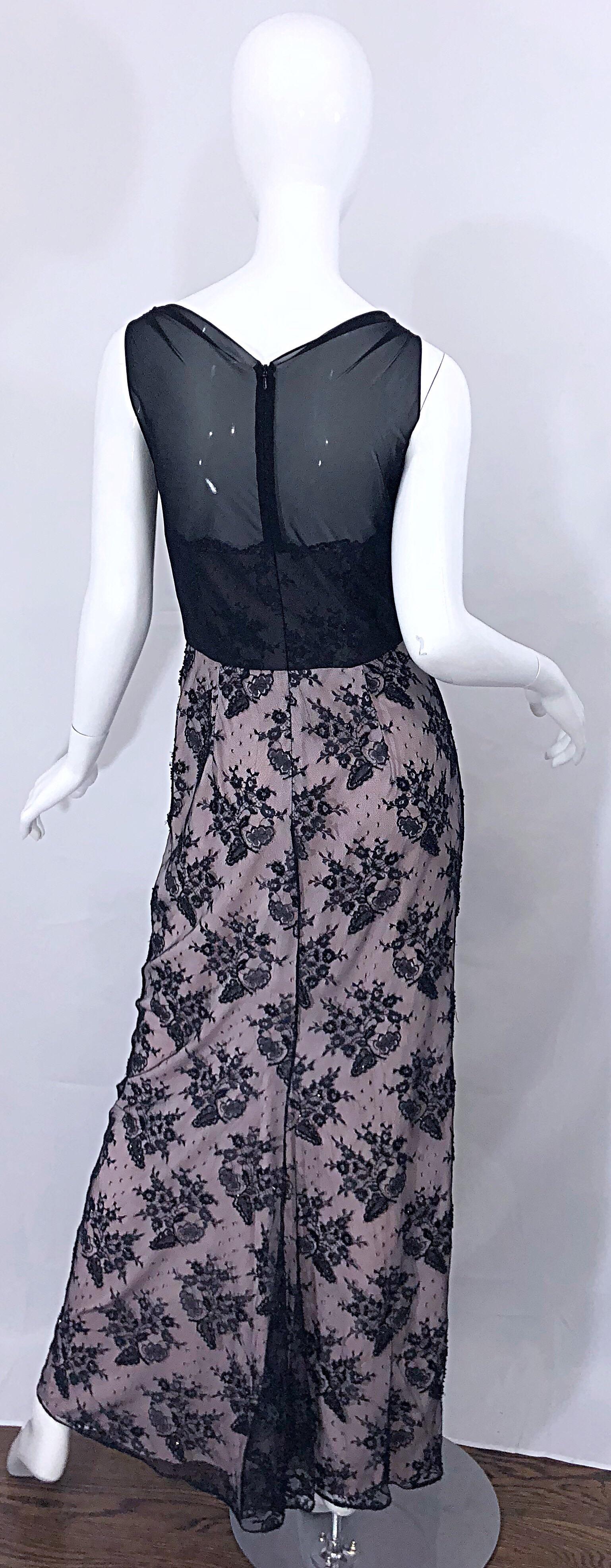 Women's Vintage Bob Mackie Size 8 / 10 Black and Pink Beaded French Lace Evening Gown For Sale