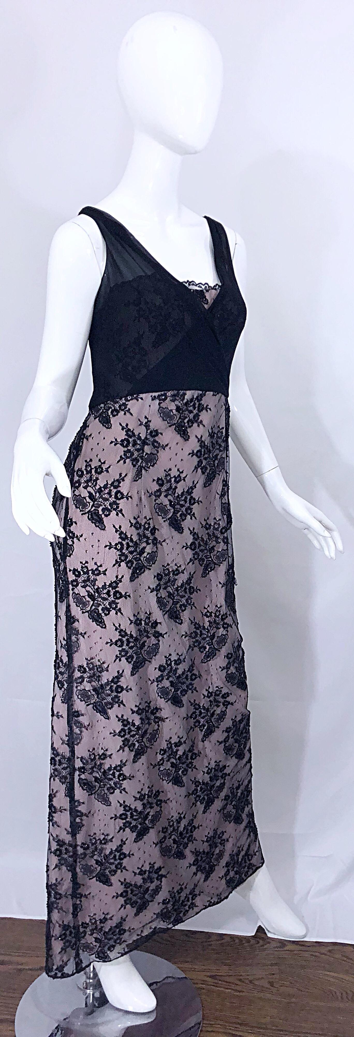 Vintage Bob Mackie Size 8 / 10 Black and Pink Beaded French Lace Evening Gown For Sale 1