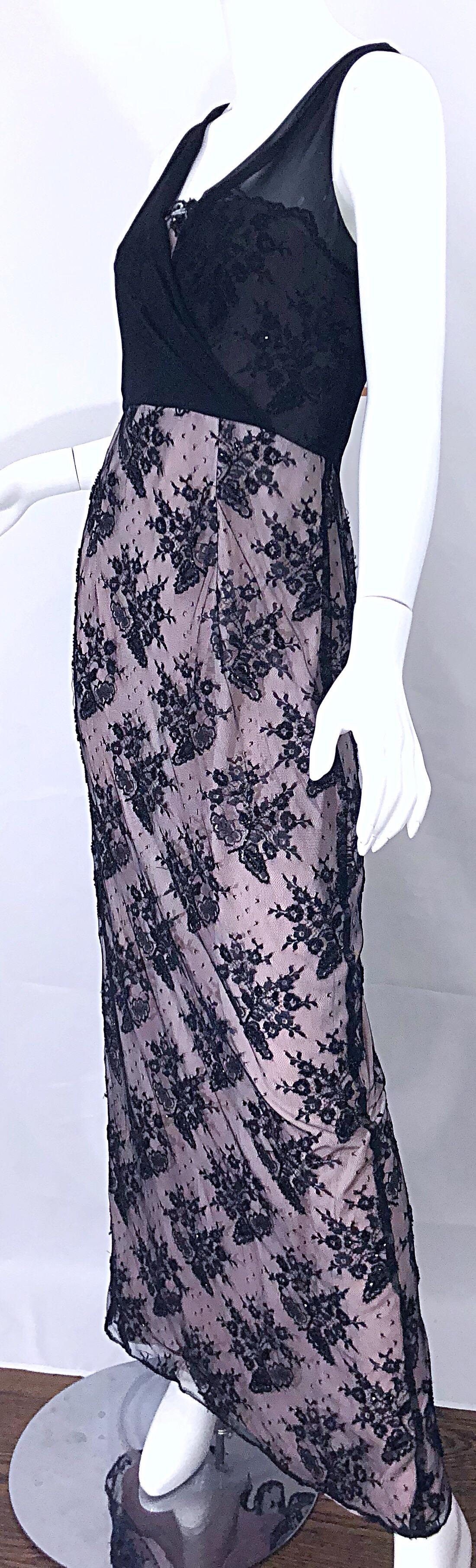 Vintage Bob Mackie Size 8 / 10 Black and Pink Beaded French Lace Evening Gown For Sale 3