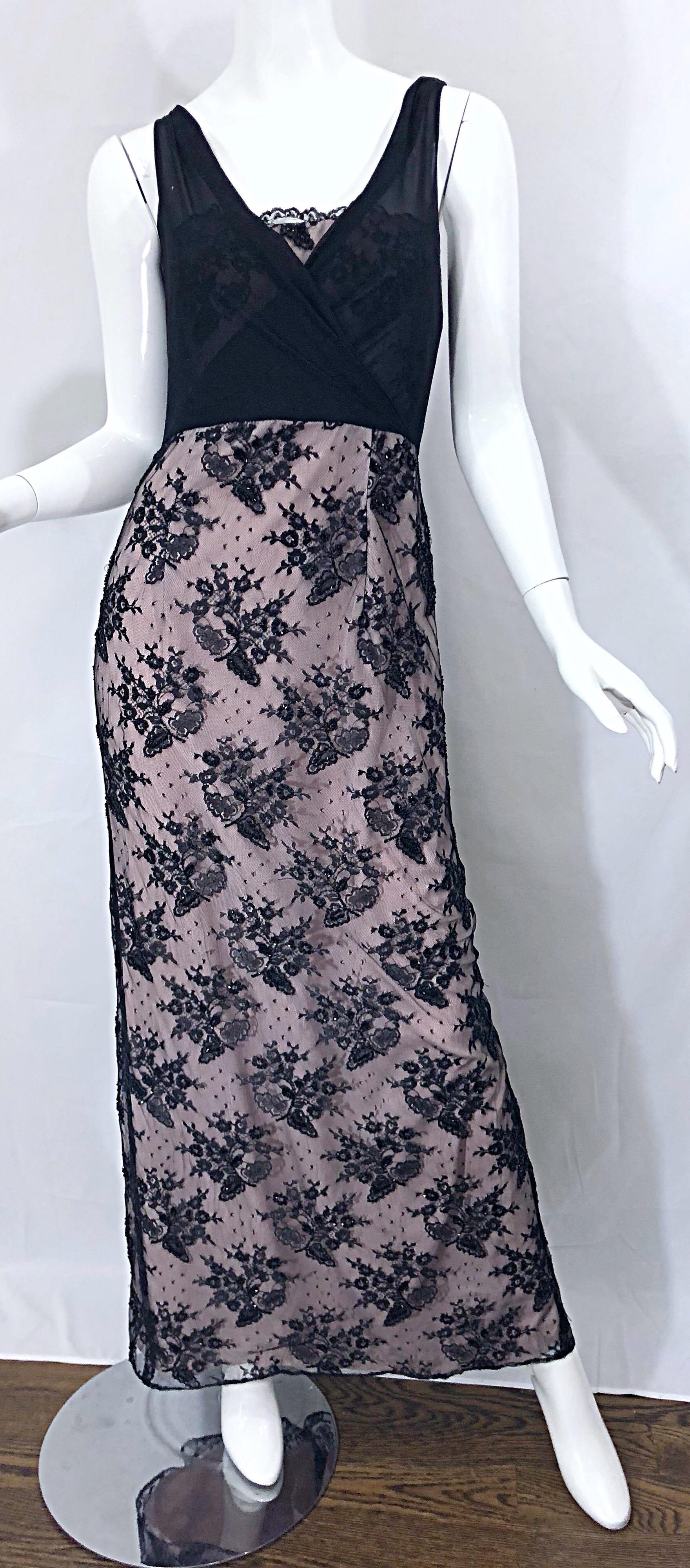 Vintage Bob Mackie Size 8 / 10 Black and Pink Beaded French Lace Evening Gown For Sale 6