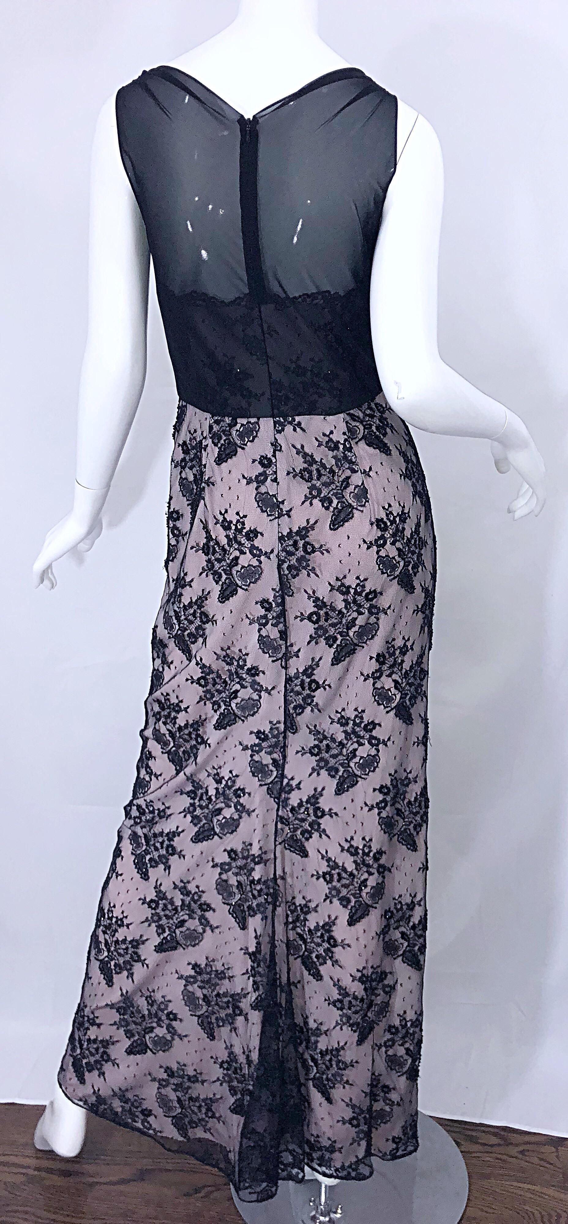 Vintage Bob Mackie Size 8 / 10 Black and Pink Beaded French Lace Evening Gown For Sale 7