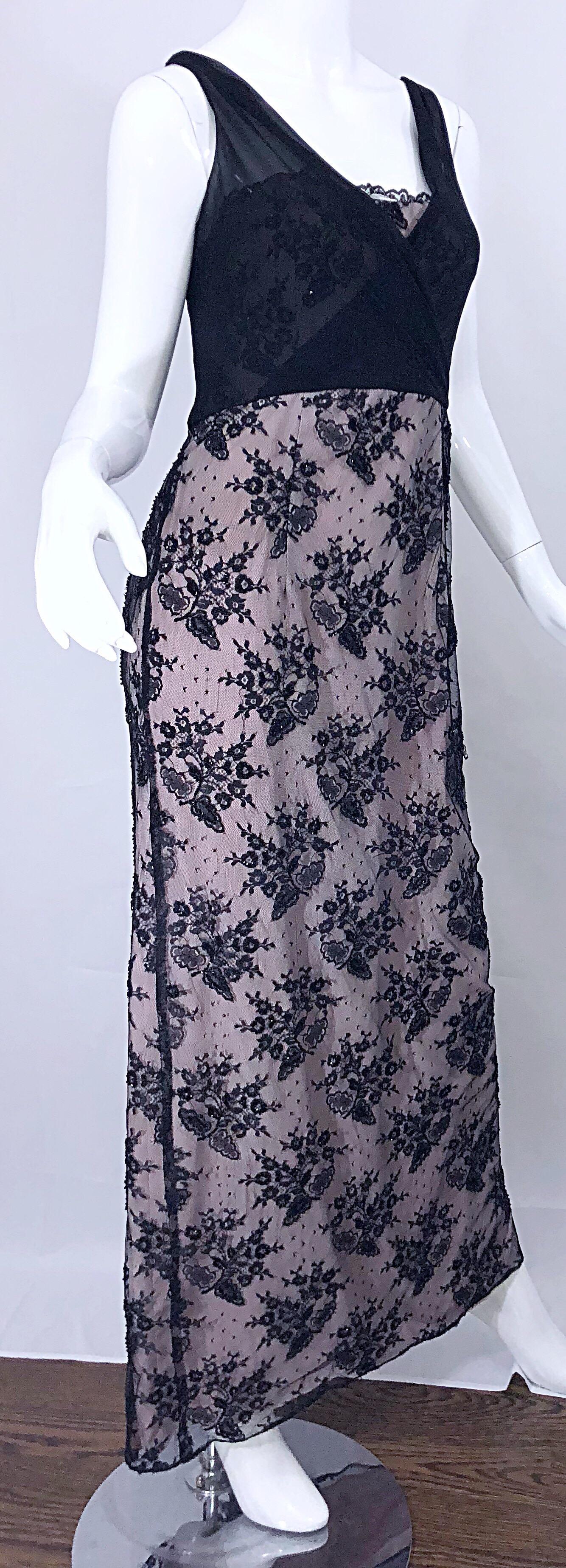 Vintage Bob Mackie Size 8 / 10 Black and Pink Beaded French Lace Evening Gown For Sale 8