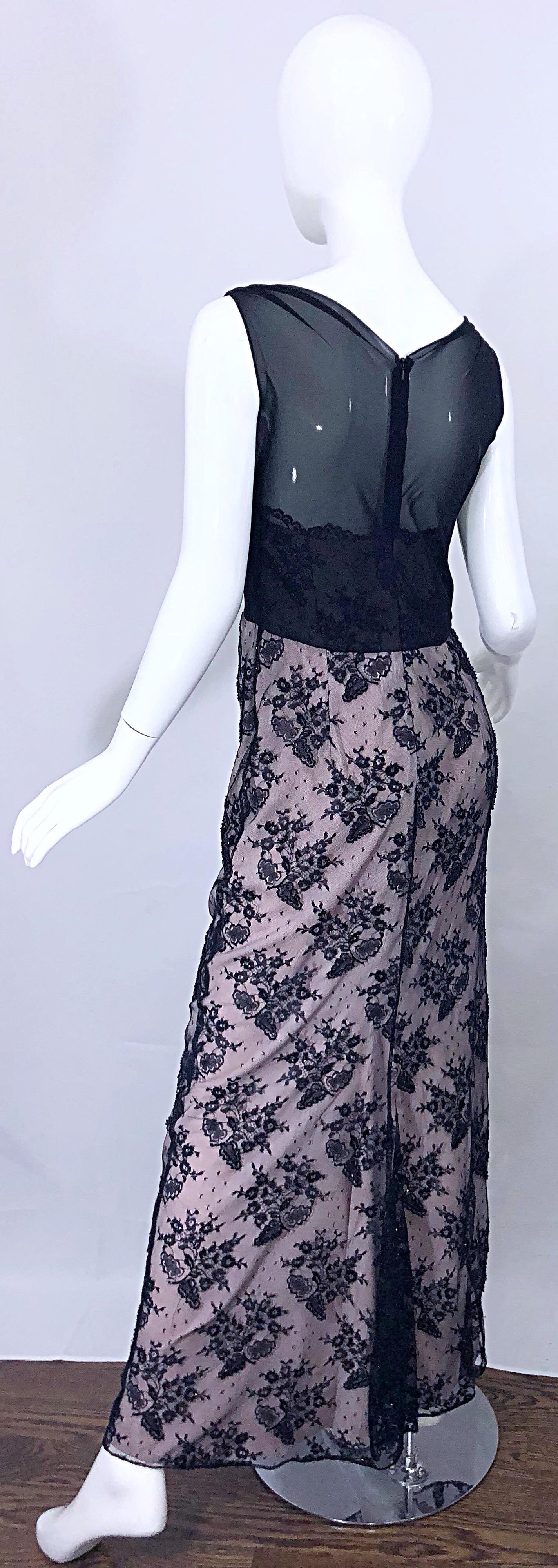 Vintage Bob Mackie Size 8 / 10 Black and Pink Beaded French Lace Evening Gown For Sale 9