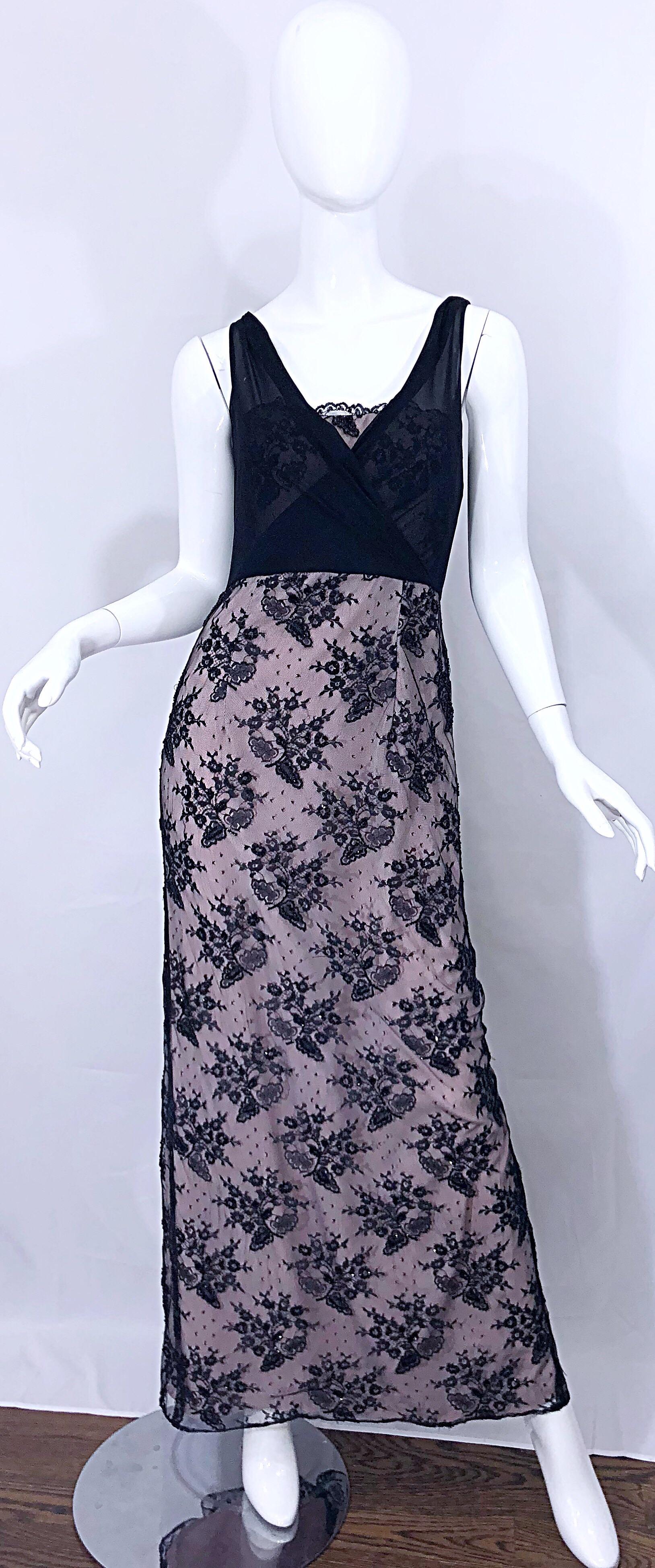 Vintage Bob Mackie Size 8 / 10 Black and Pink Beaded French Lace Evening Gown For Sale 10
