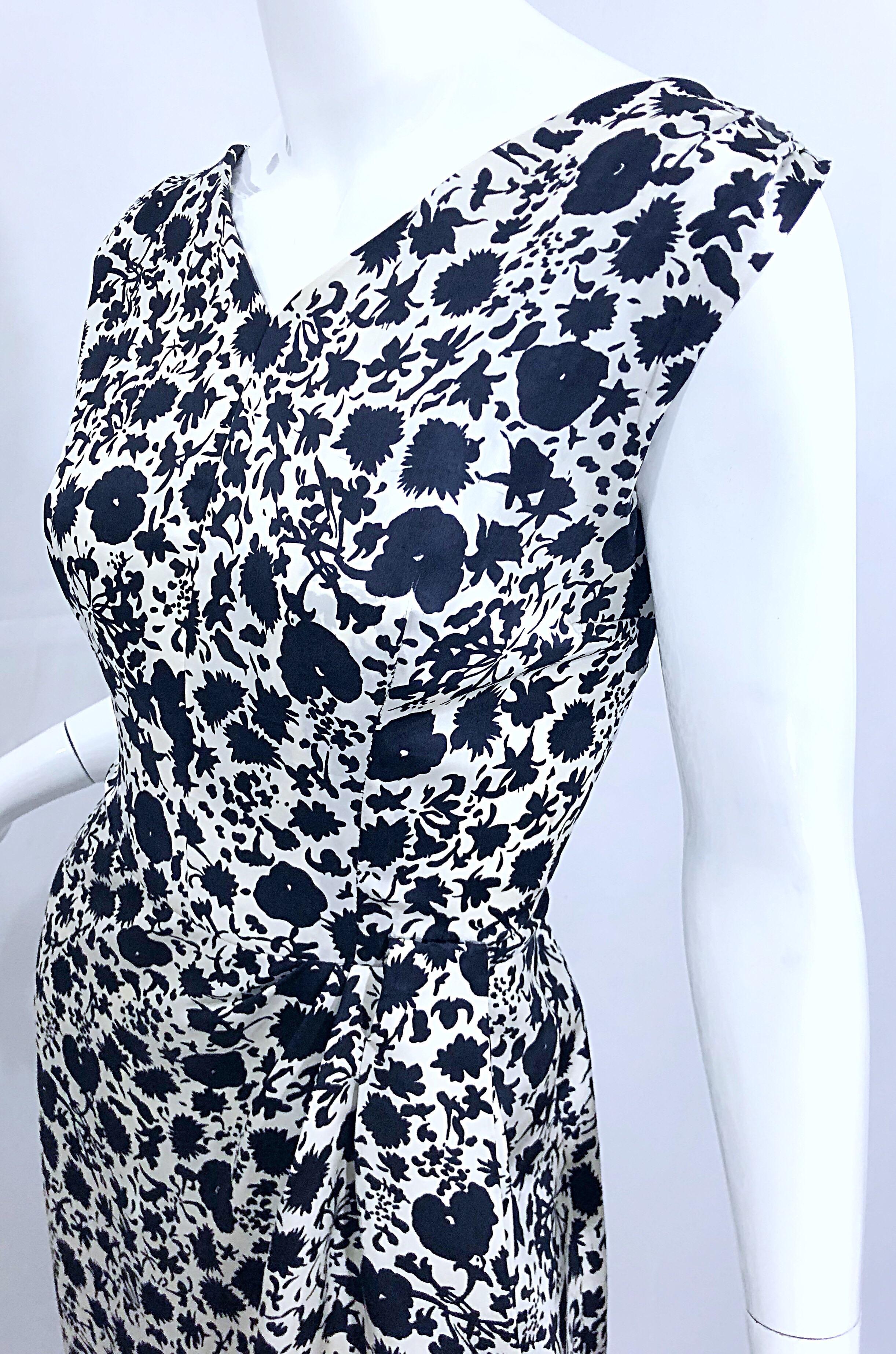 Women's 1950s House of Branell Black and White Silk Floral Vintage 50s Wrap Dress For Sale