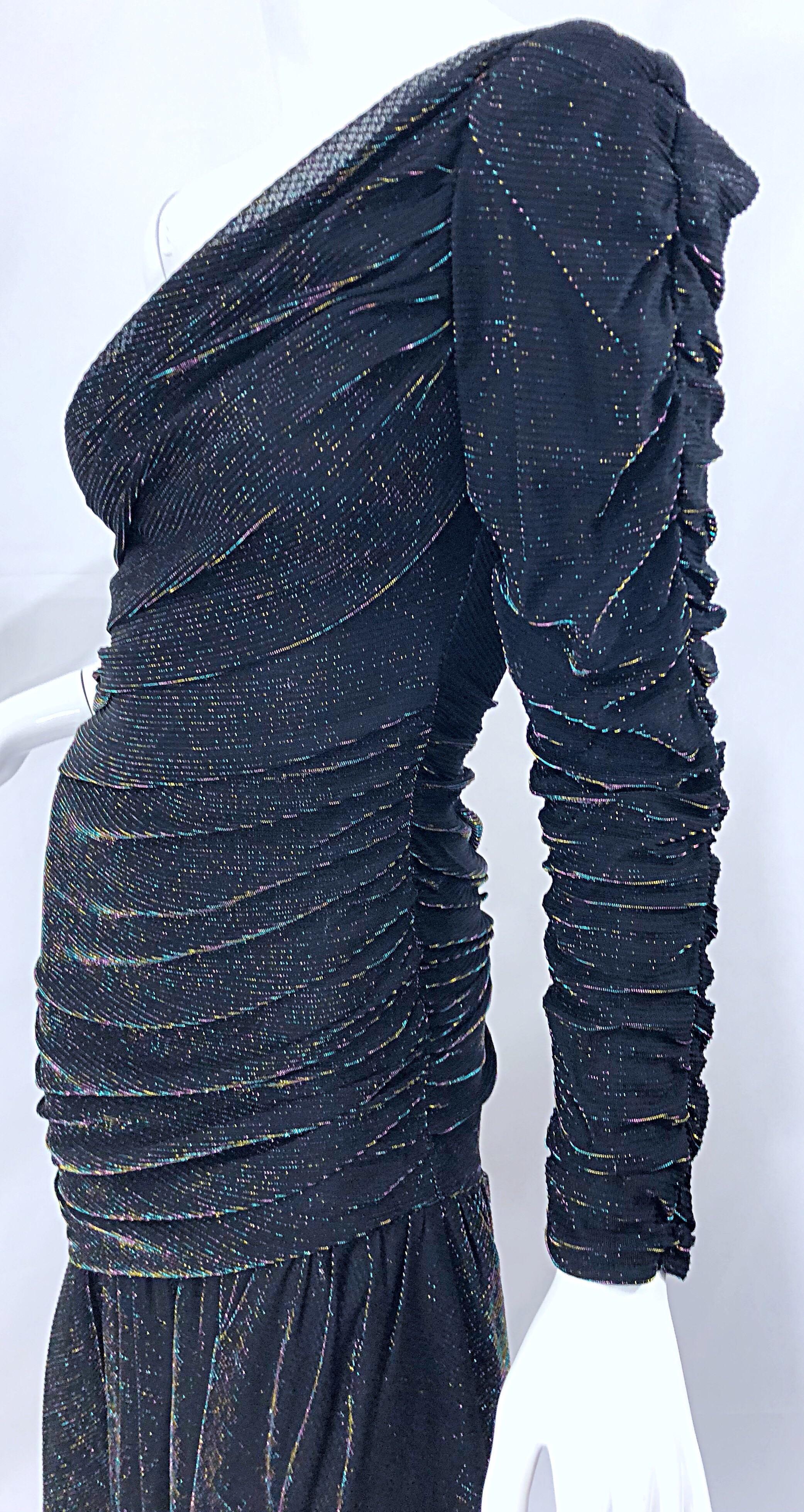 1980s Samir One Shoulder Black Metallic Rainbow Vintage 80s Cocktail Dress In Excellent Condition In San Diego, CA