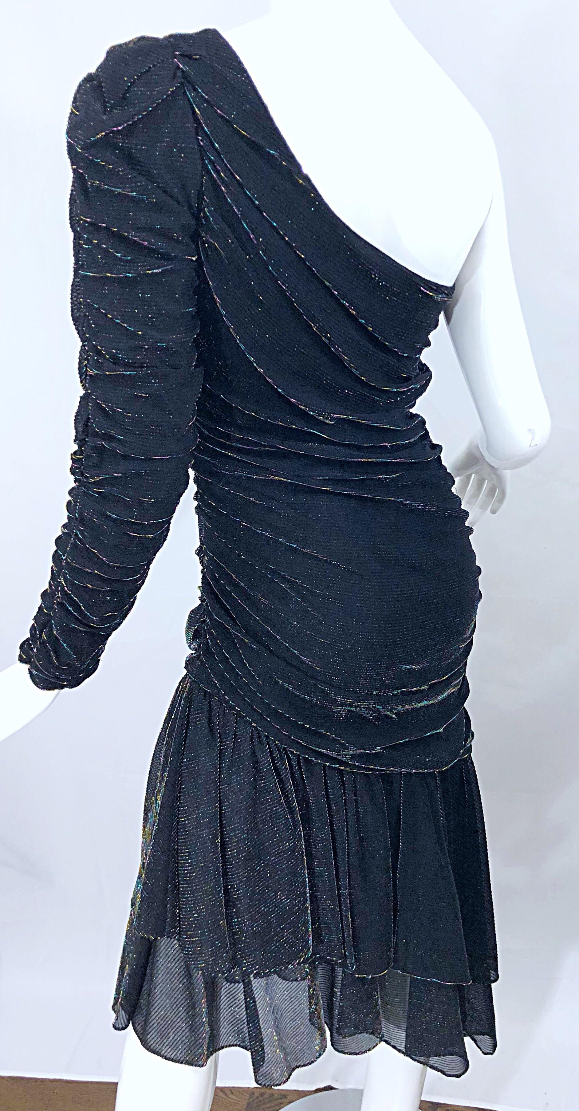 Women's 1980s Samir One Shoulder Black Metallic Rainbow Vintage 80s Cocktail Dress