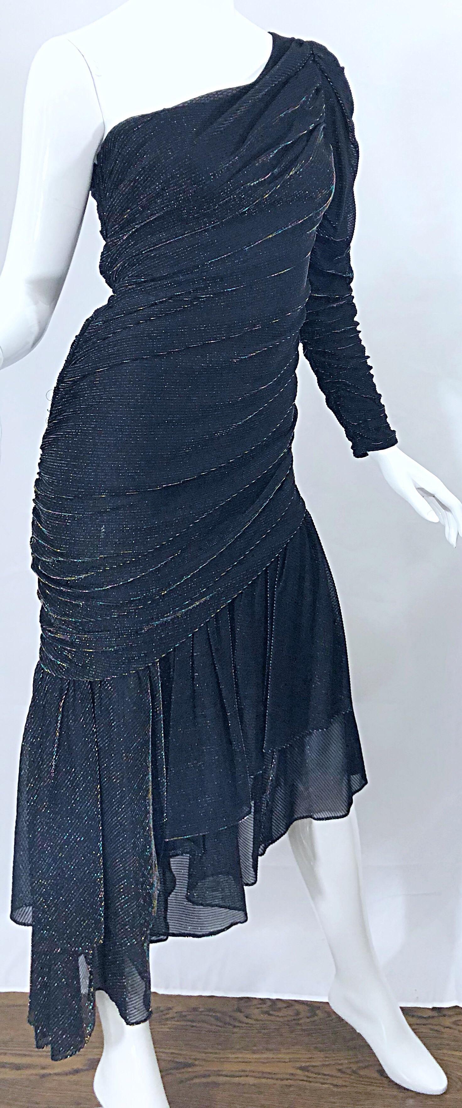 1980s Samir One Shoulder Black Metallic Rainbow Vintage 80s Cocktail Dress 6